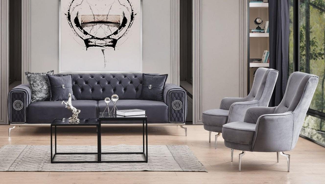 JVmoebel Wohnzimmer-Set Sessel Sofagarnitur in Stoffsofas Dreisitzer 3-Sitzer (3-St., Sessel Chesterfield Set, + Couchtisch), Europa Made ohne 1x 3tlg Grau 2x