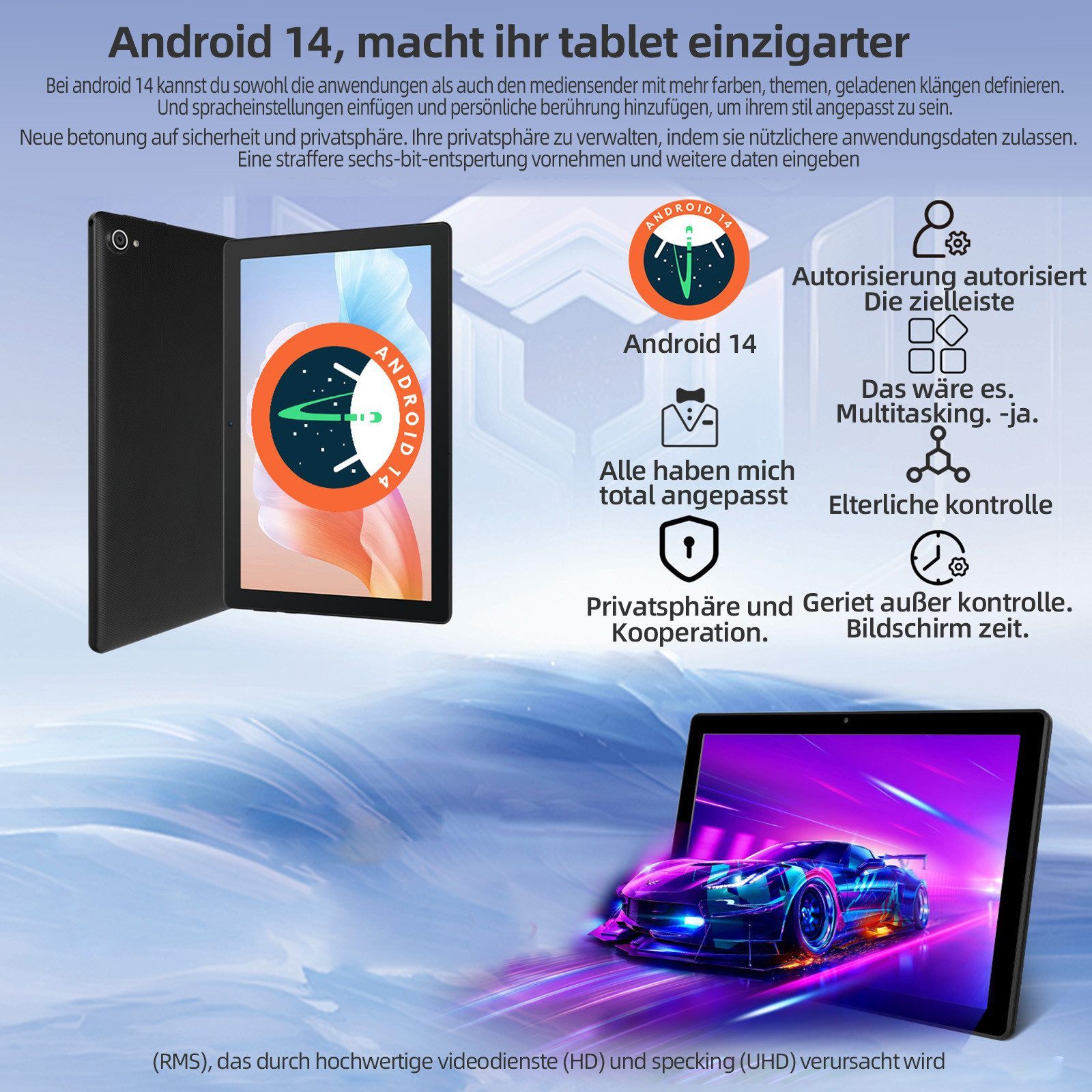 BUFO 10 Zoll 64GB ROM, HD Display, 5000 mAh, WiFi 6 Bluetooth Tablet (10", 64 GB, Android 14, 2,4G/5G WiFi, mit Blaulichtfilter, OTG-Übertragung, Gesichtsauthentifizierung)