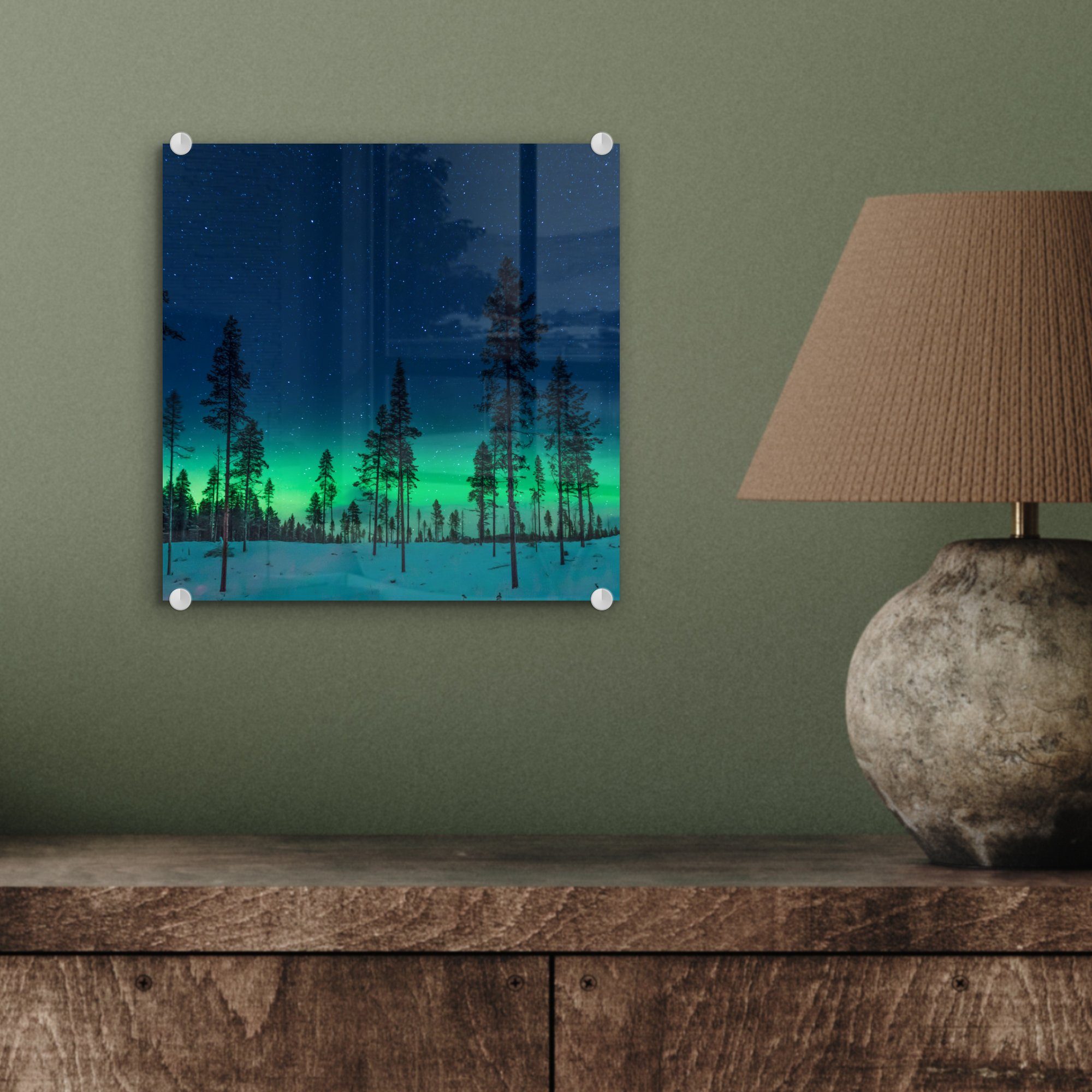 Nordlicht Foto auf Bäume St), Wanddekoration bunt - - Glas Natur Glasbilder - Bilder auf Grün, MuchoWow Acrylglasbild - - (1 Glas - Schnee - Wandbild