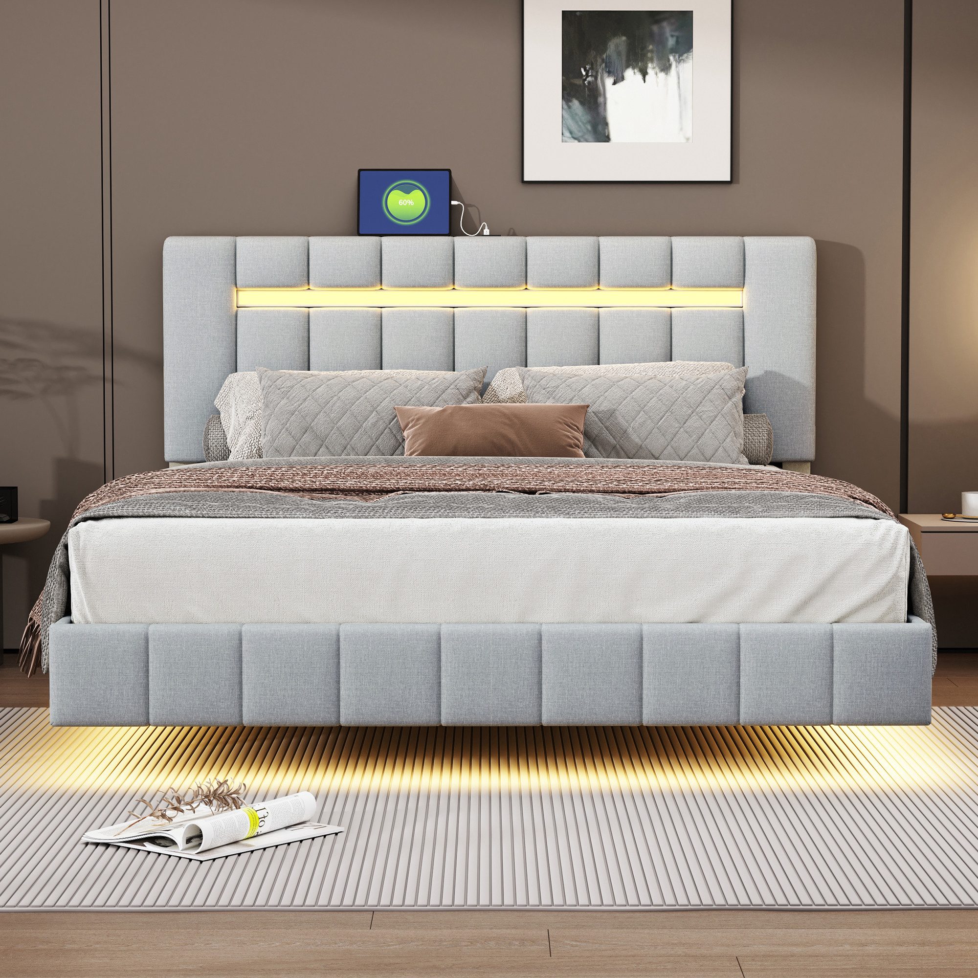 Flieks Polsterbett, LED-Beleuchtung Doppelbett Schwebebettrahmen 160x200cm günstig online kaufen