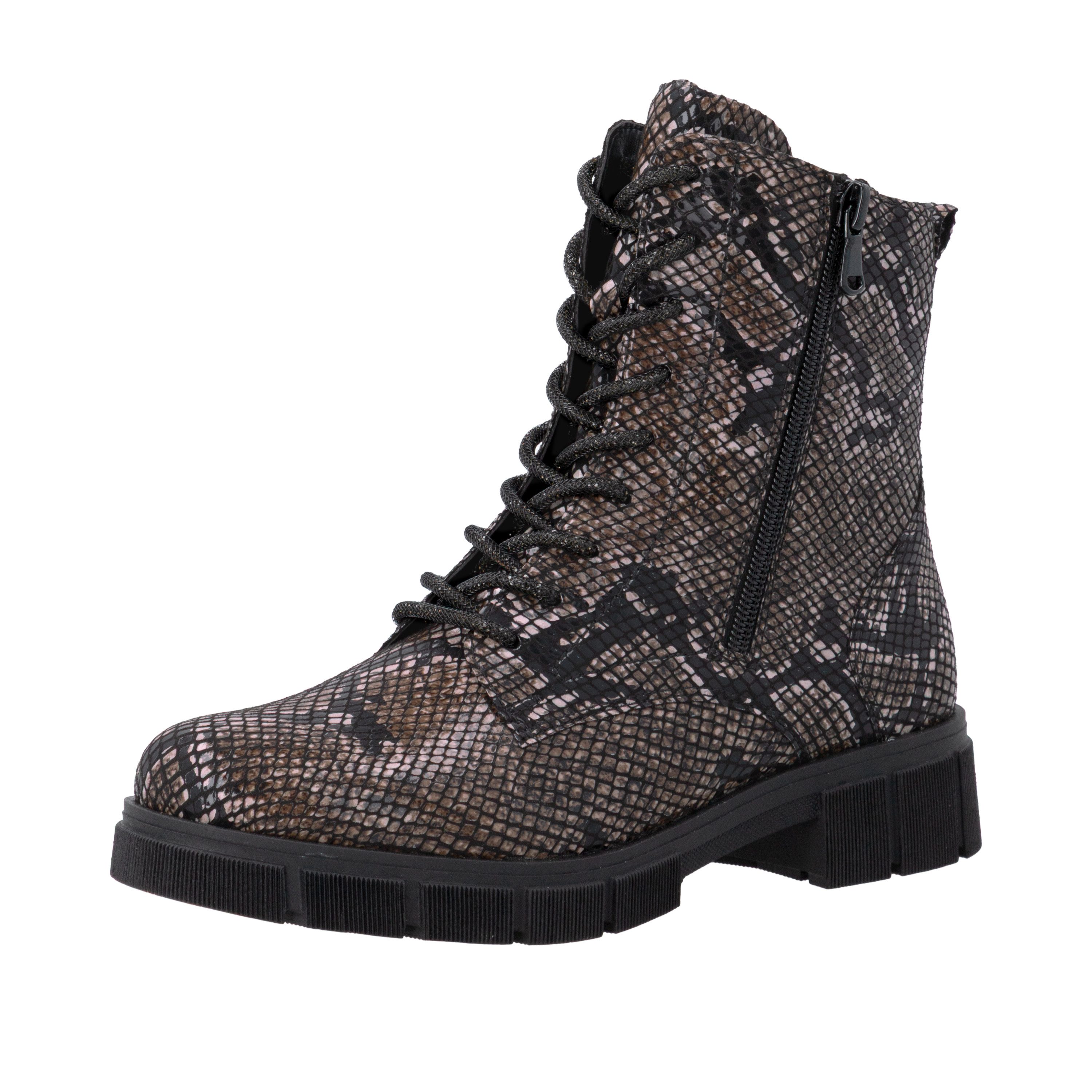 Remonte Schnürstiefelette Blockabsatz, Schnürboots im modischem Reptilien-Look