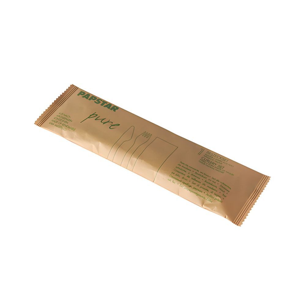 PAPSTAR Einwegmesser 50 x Besteckset, Holz pure : Messer, Gabel, Serviette in Papierbeutel