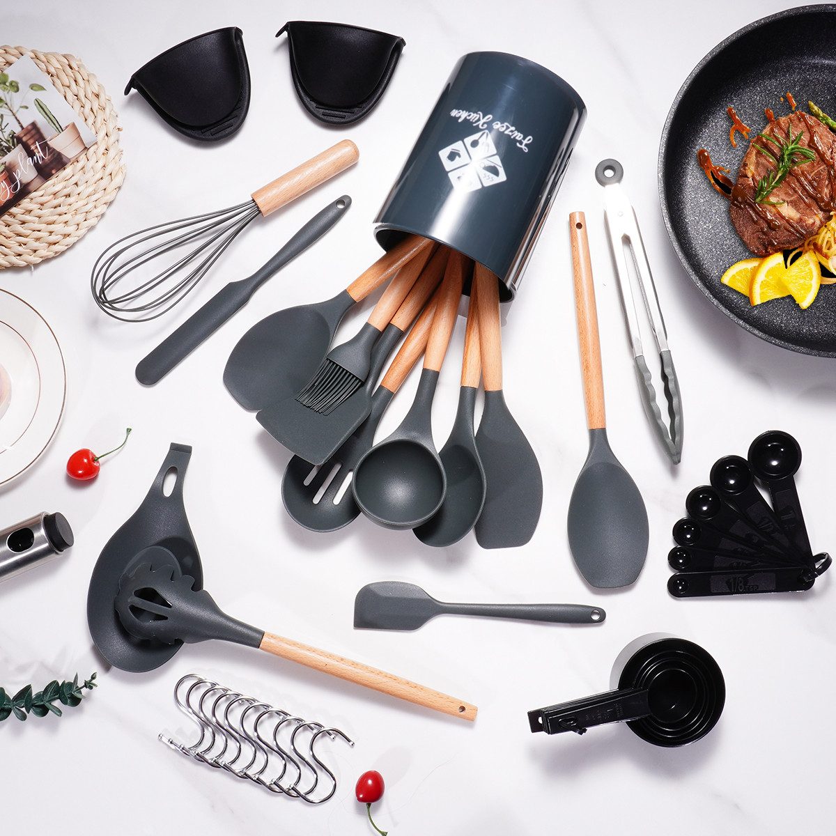 Faizee Möbel Kochbesteck-Set Küchenhelfer Set 38tlg Silikon Kochbesteck Holzgriff Küchenutensilien