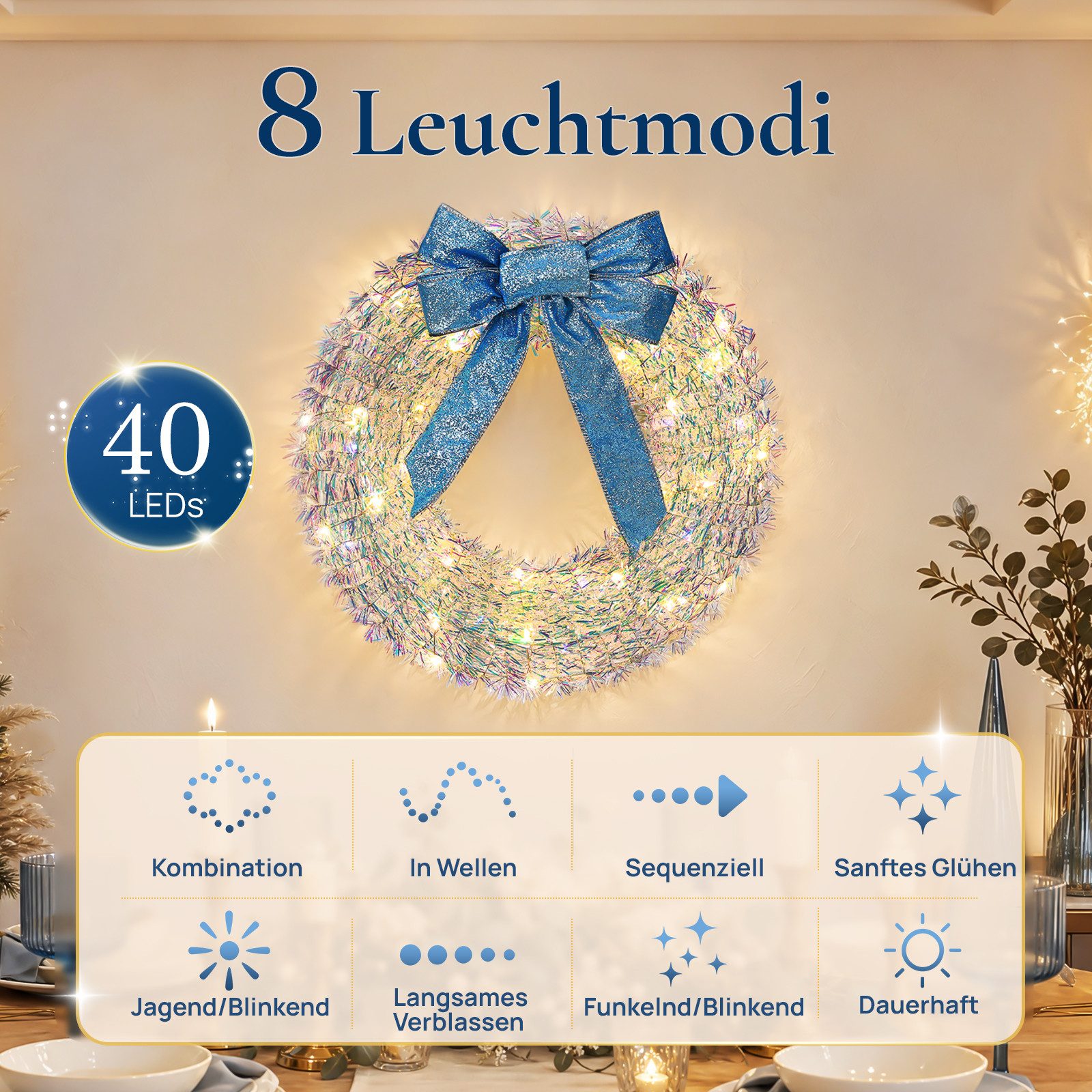 Kunstkranz weihnachtsdeko 30cm, Türkranz Weihnachten mit 40 LEDs, adventskranz, Quntis, adventskranz mit led & blaue Schleife, Weihnachtsdekoration – Bild 2 von 5