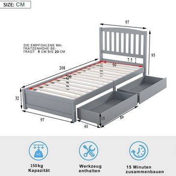 IDEASY Einzelbett Plattformbett, Bett aus massivem Kiefernholz, 90 x 200 cm, 2 Schubladen auf Rollen, grau, keine Boxspringbetten erforderlich