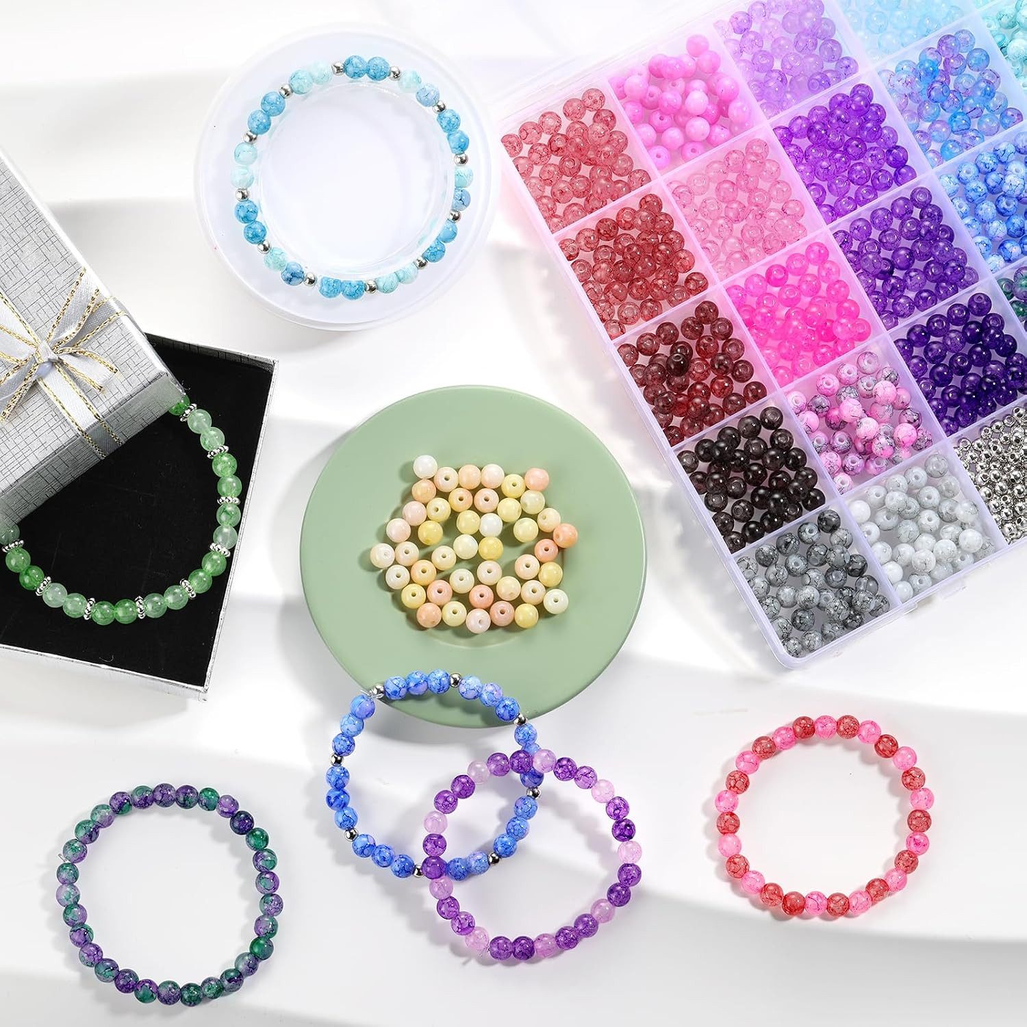 nsihing Ketten und Armband Set 1435 Stück Glasperlen, 6mm 34 Farben Perlen für Armbänder (Perlen Set für Armband Basteln Schmuckherstellung, 1435-tlg), Perlens  – Bild 4 von 5