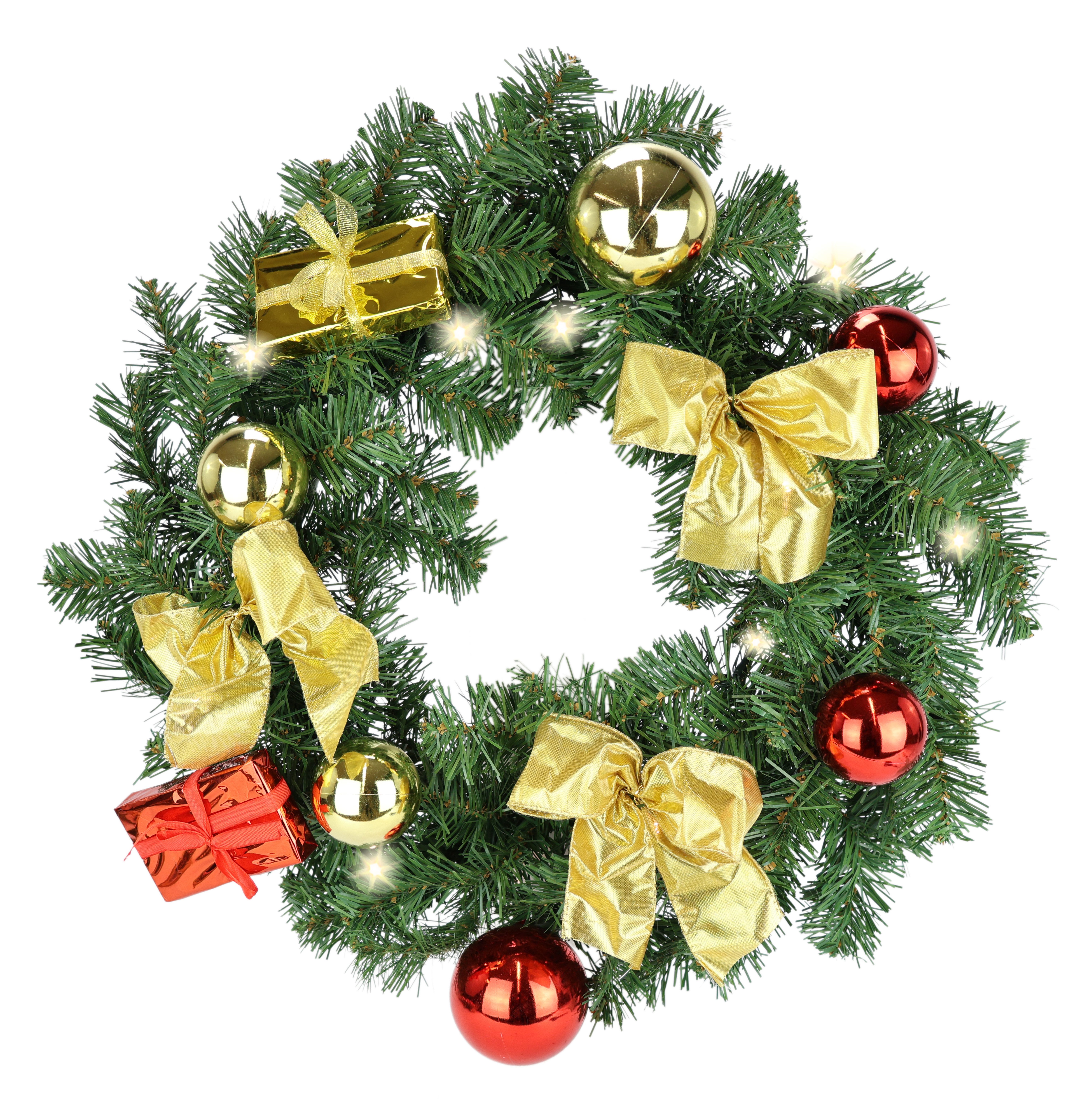 Kunstkranz LED-Weihnachtskranz dekoriert, I.GE.A., Höhe 12 cm, Kranz mit Kugeln Schleifen Geschenkpackungen Beleuchtung Tannenkranz