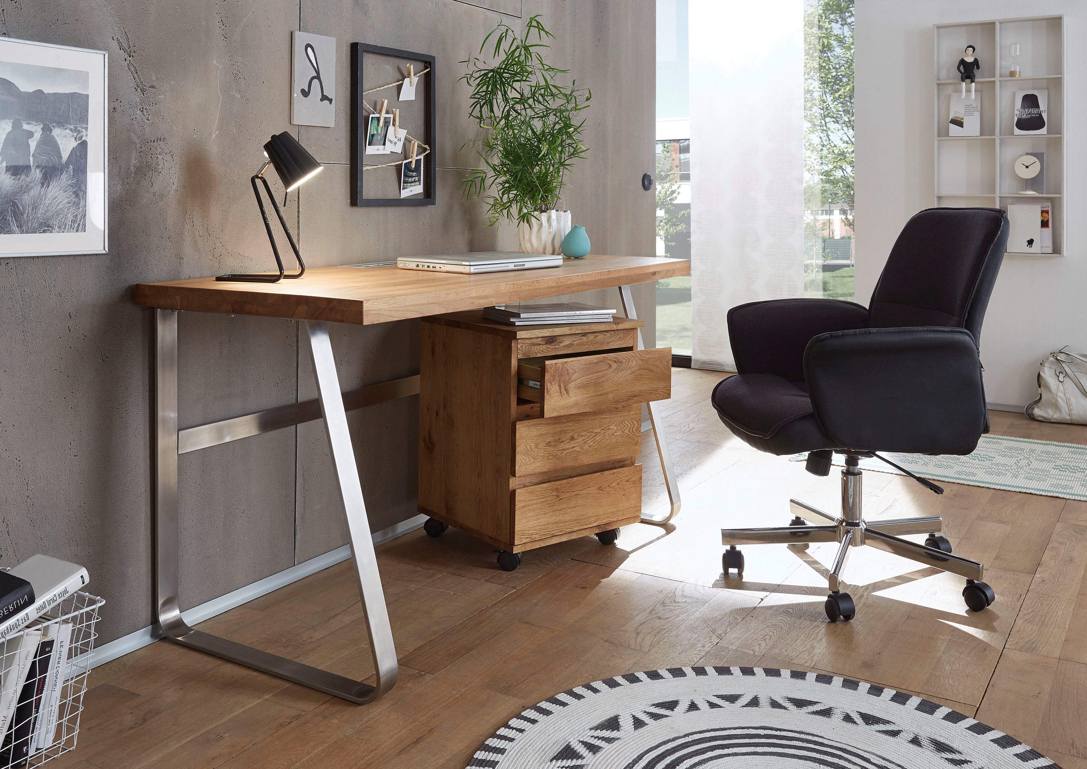 MCA furniture Schreibtisch Beno, Eiche Breite cm mit 140 Edelstahloptik | Eiche Gestell in