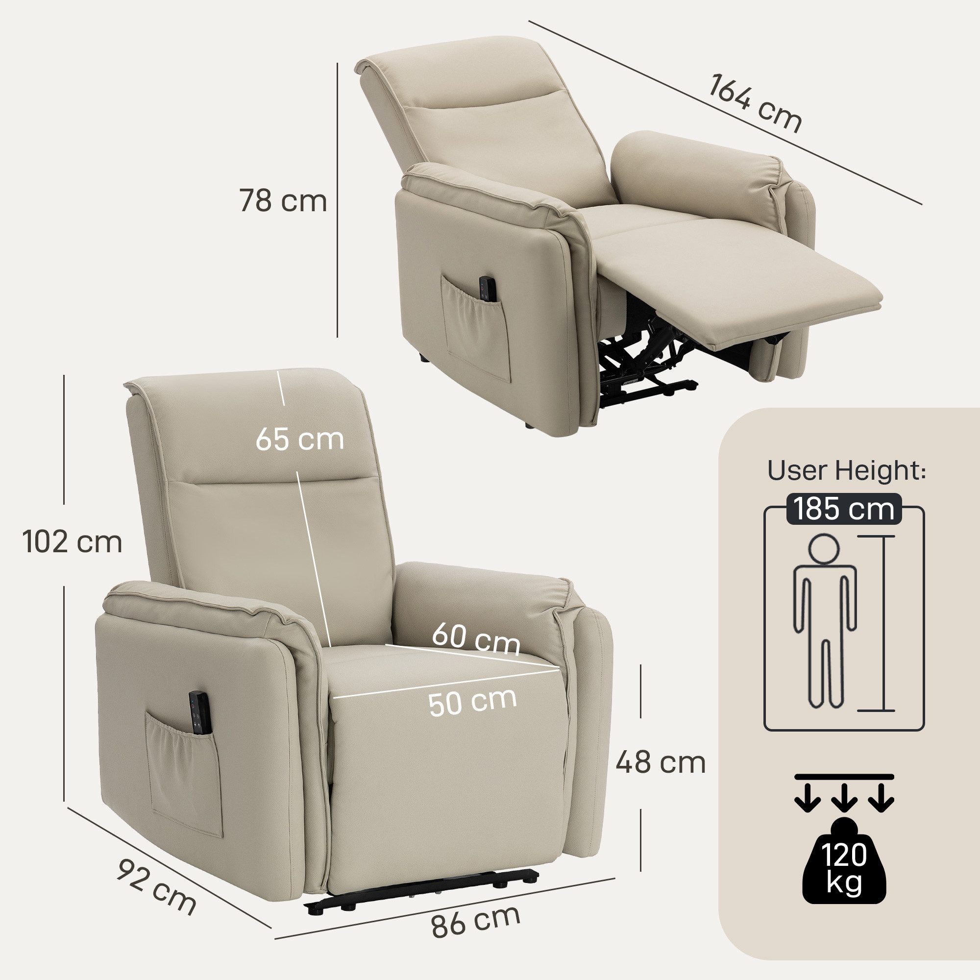 HOMCOM Massagesessel TV-Sessel mit Fußteil, Fernbedienung, Seitentasche, Schlafzimmer (Elektrisch Relaxsessel, 1-St., Fernsehsessel), für Wohnzimmer, Beige – Bild 3 von 5