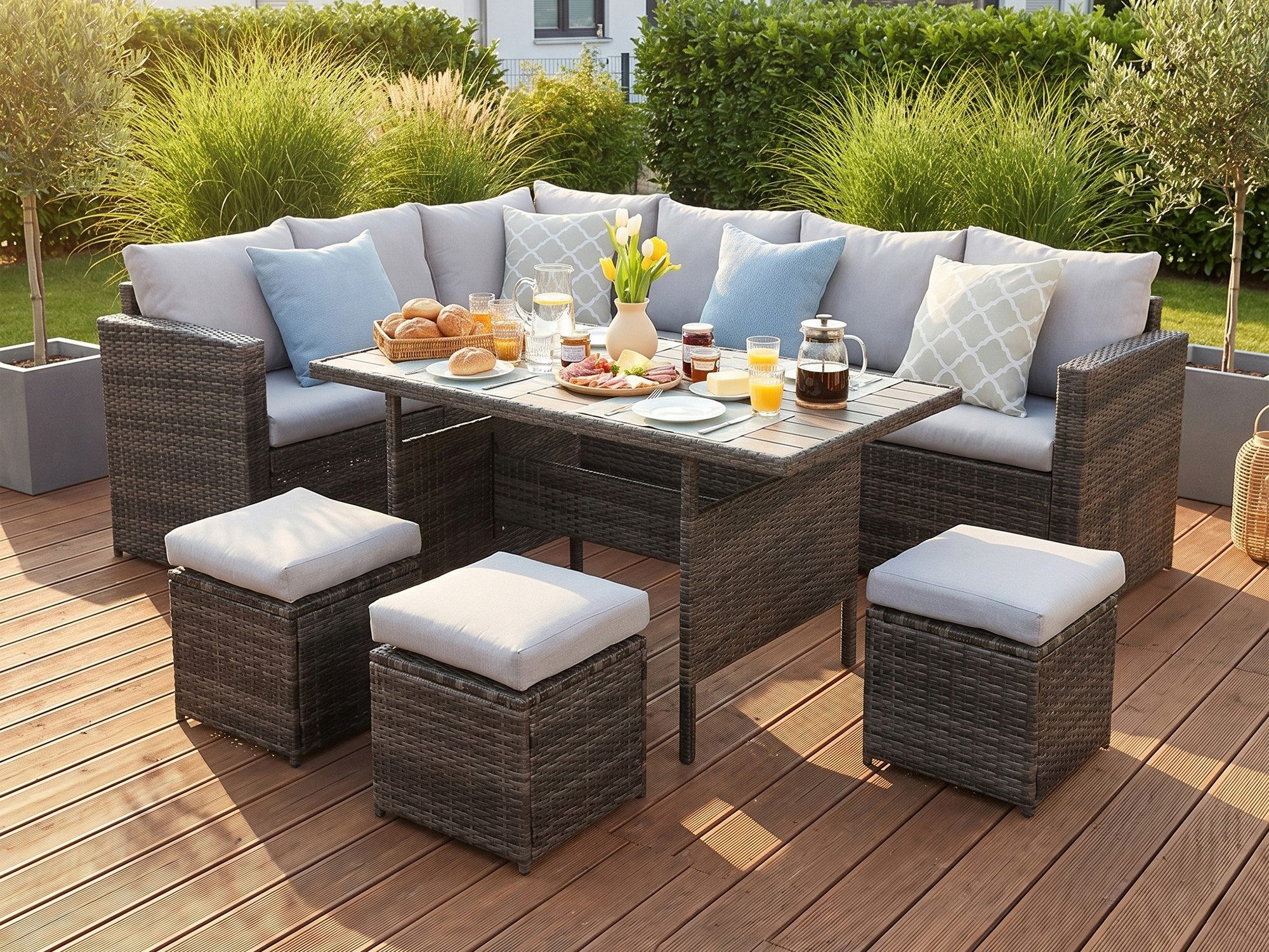 MeXo Loungeset Rattan Gartenmöbel Set 8 Personen Wetterfest, (Esstisch breit 132x76x67cm, 7-tlg., Belastbarkeit pro Sitzplatz bis zu 140kg), Gartenlounge Set mit Esstisch, Verbreiterte Armlehne