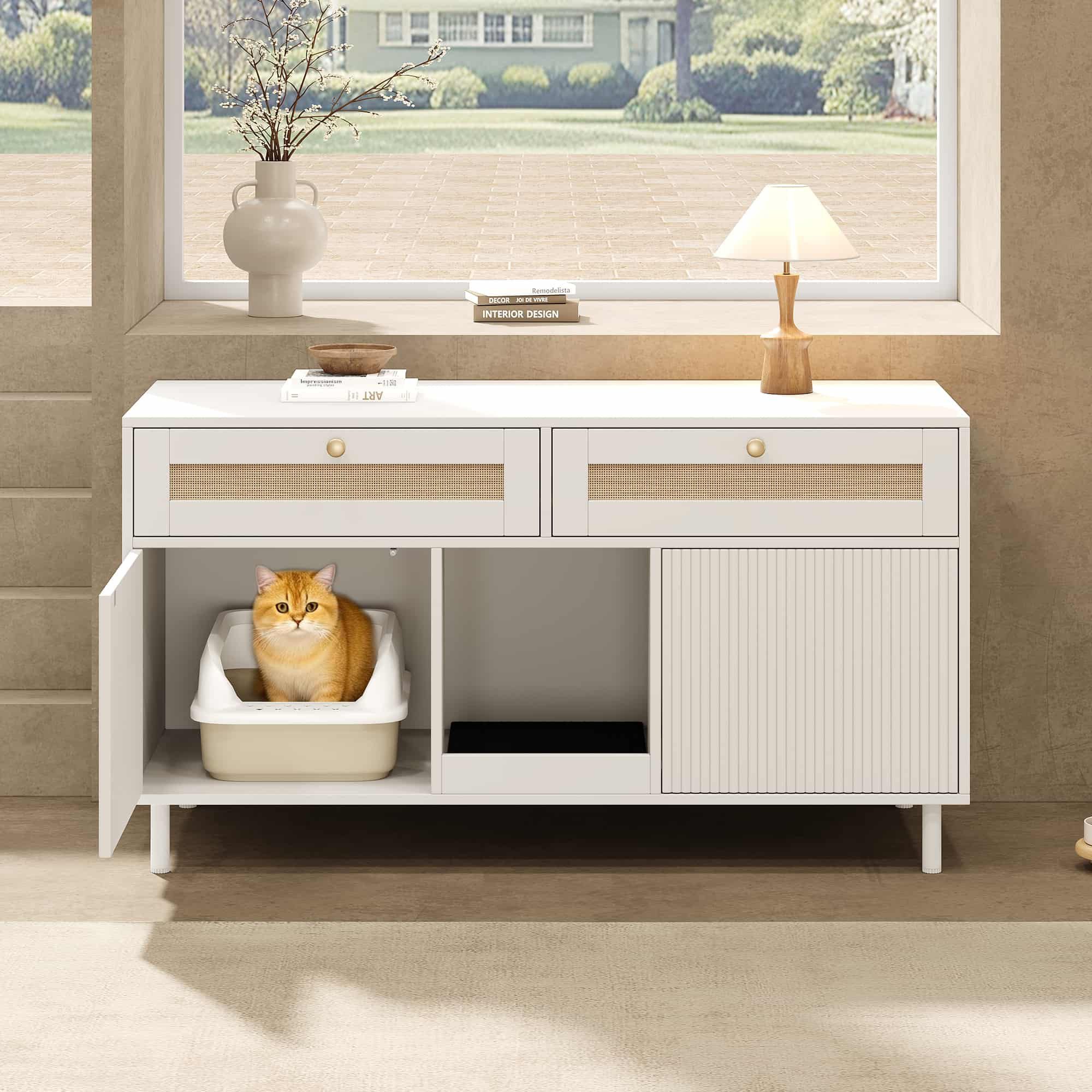 ANYSUN Mehrzweckschrank Katzentoilettenschrank Katzenstreuschrank, mit Doppeltür (Katzenmöbel Set, Katzenmöbel) Streufangmatte und Schublade, modernes Haustier  – Bild 2 von 5