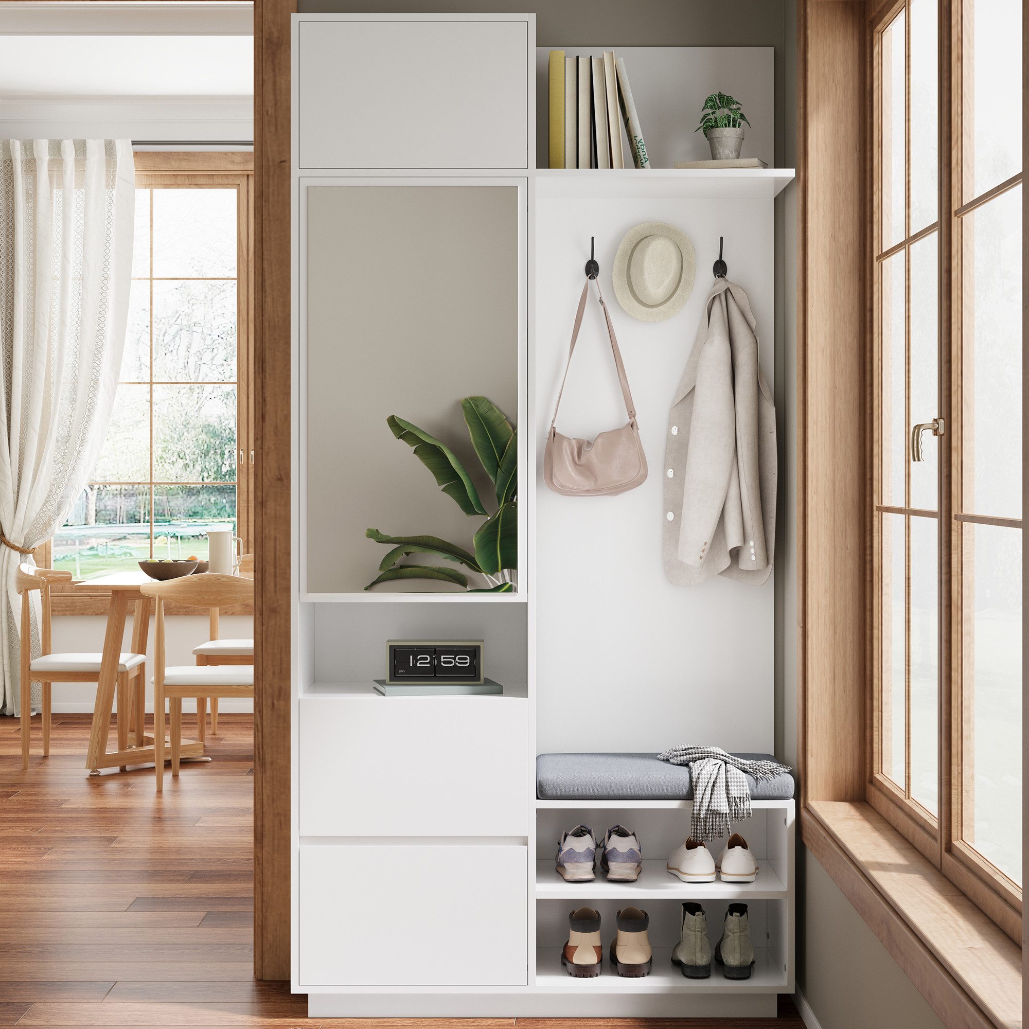 Merax Garderoben-Set 5-in-1 Kompaktgarderobe Scandi Garderobenkombination, (1-St., 90 L × 34,5 B × 190 H (cm), Flurgarderoben Set mit Spiegel Sitzbank Schuhregal Schubladen & Haken