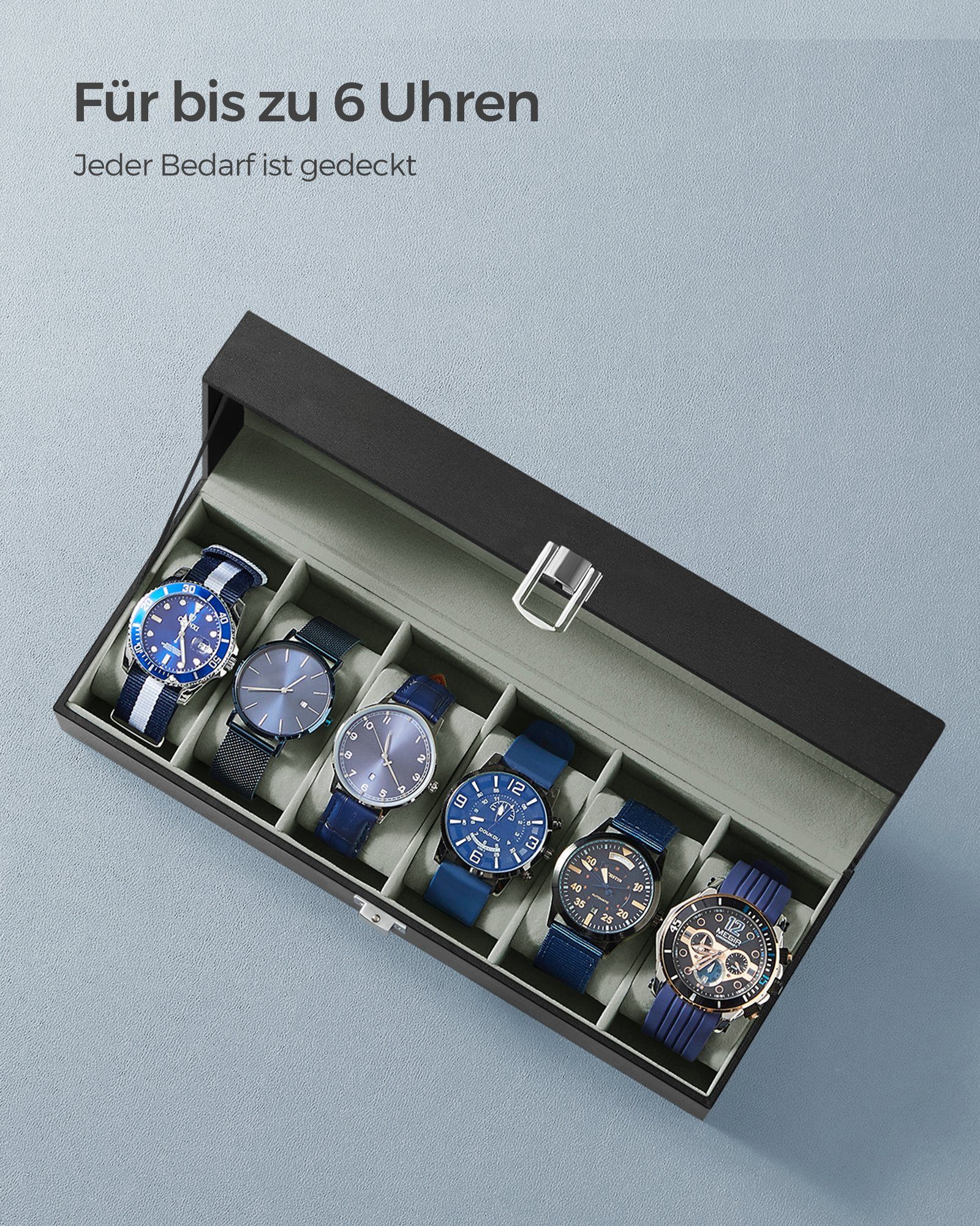 SONGMICS Uhrenbox Uhrenkasten, herausnehmbare Uhrenkissen, Geschenkidee, Glasdeckel, PU-Bezug, Samtfutter, 3/6 Fächer – Bild 5 von 5