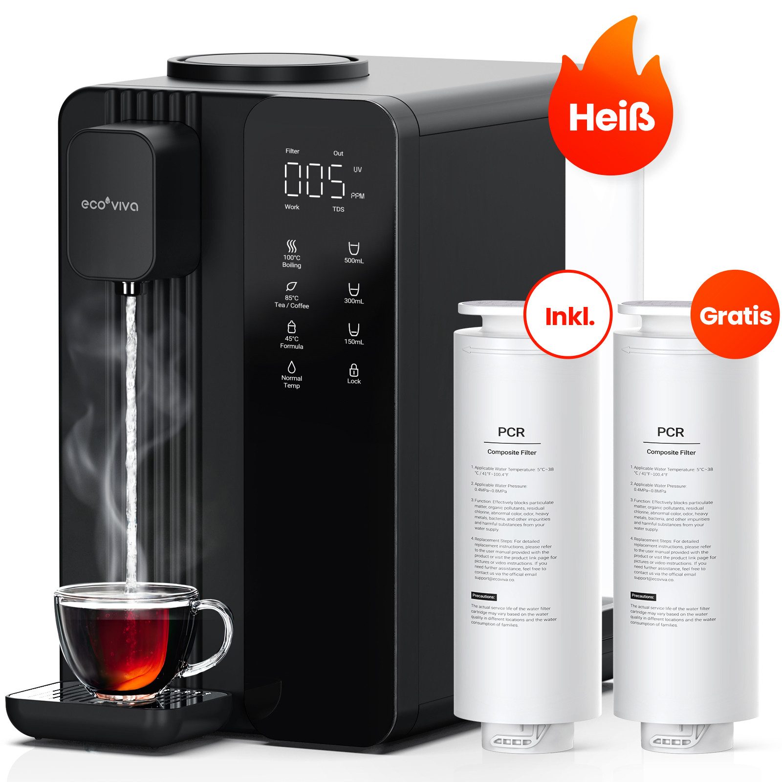Ecoviva Wasserfilter MATE4 UV Auftisch Umkehrosmoseanlage Wasserfilter, 2 x PCR Filter, Zubehör für Heißwasserspender, 4,5 Liter Wassertank, Tischwasserfilter, 4 Temperaturstufen Trinkwasser Osmoseanlage
