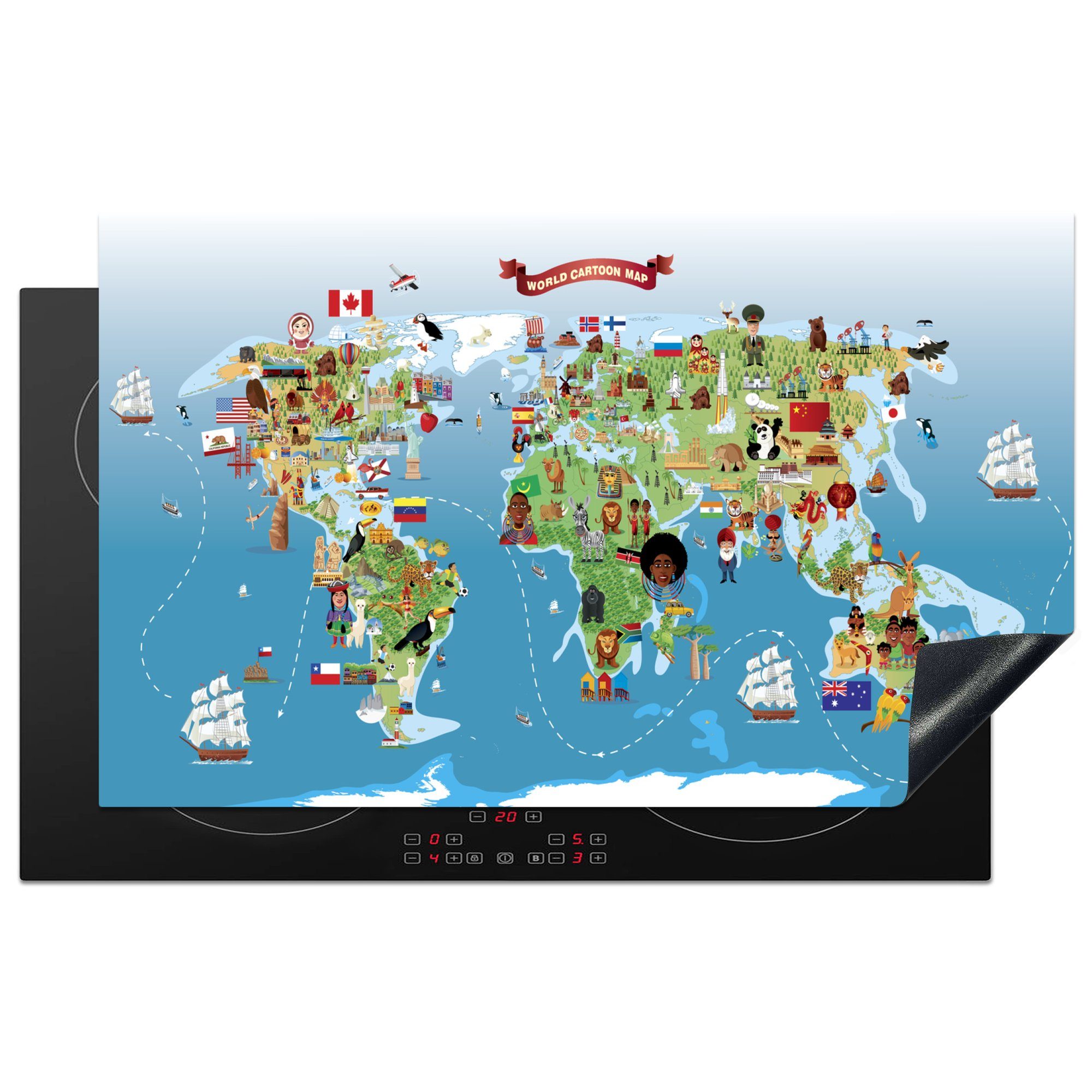 MuchoWow Herdblende-/Abdeckplatte Eine Karikatur einer Weltkarte, Vinyl, (1 tlg), 83x51 cm, Ceranfeldabdeckung, Arbeitsplatte für küche