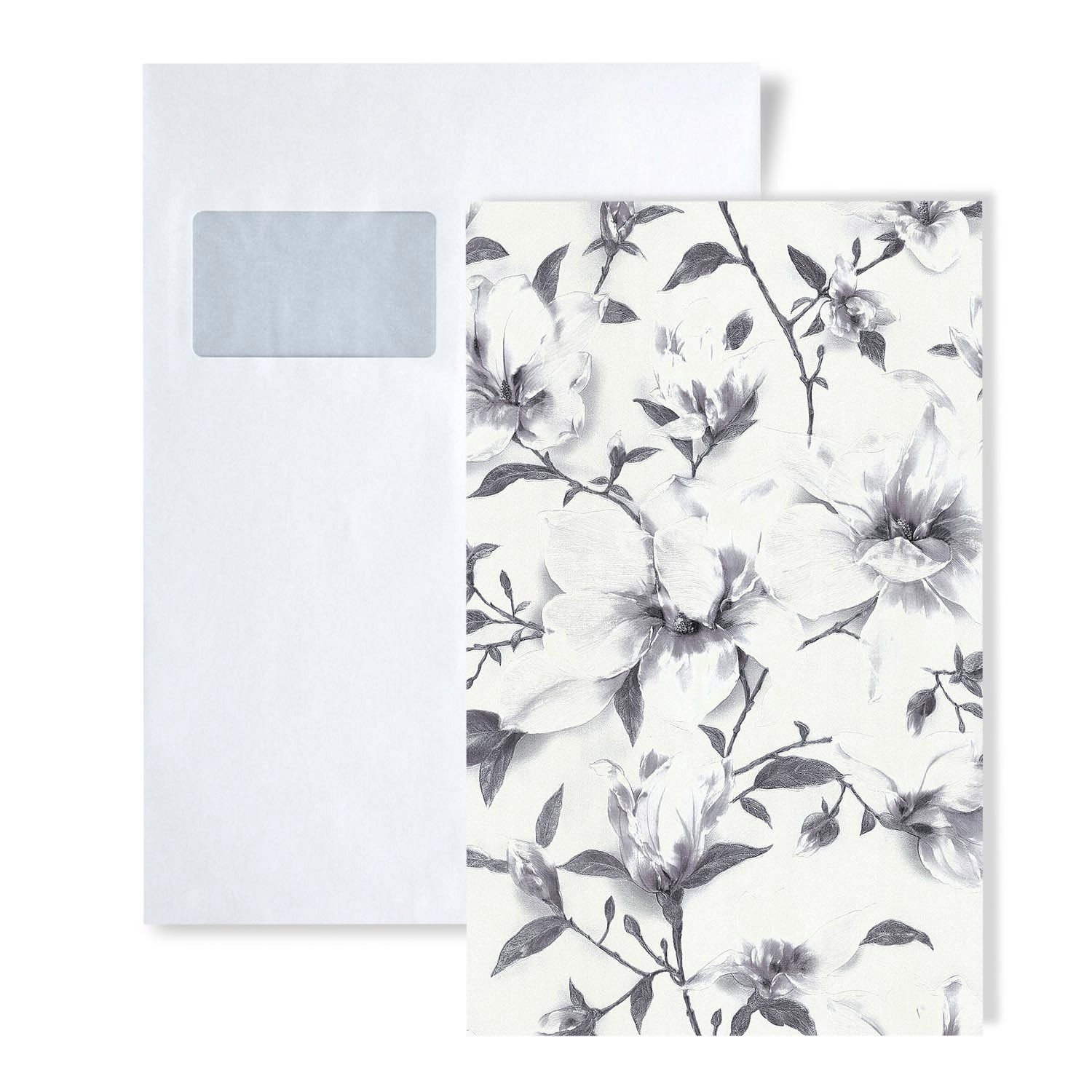 Edem Prägetapete 1 MUSTERSTÜCK S-9080-20 DIN A4 MUSTER der Blumen Vliestapete, botanisch, geblümt, schimmernd, (1 Musterblatt, ca. A5-A4), weiß, grau, silber