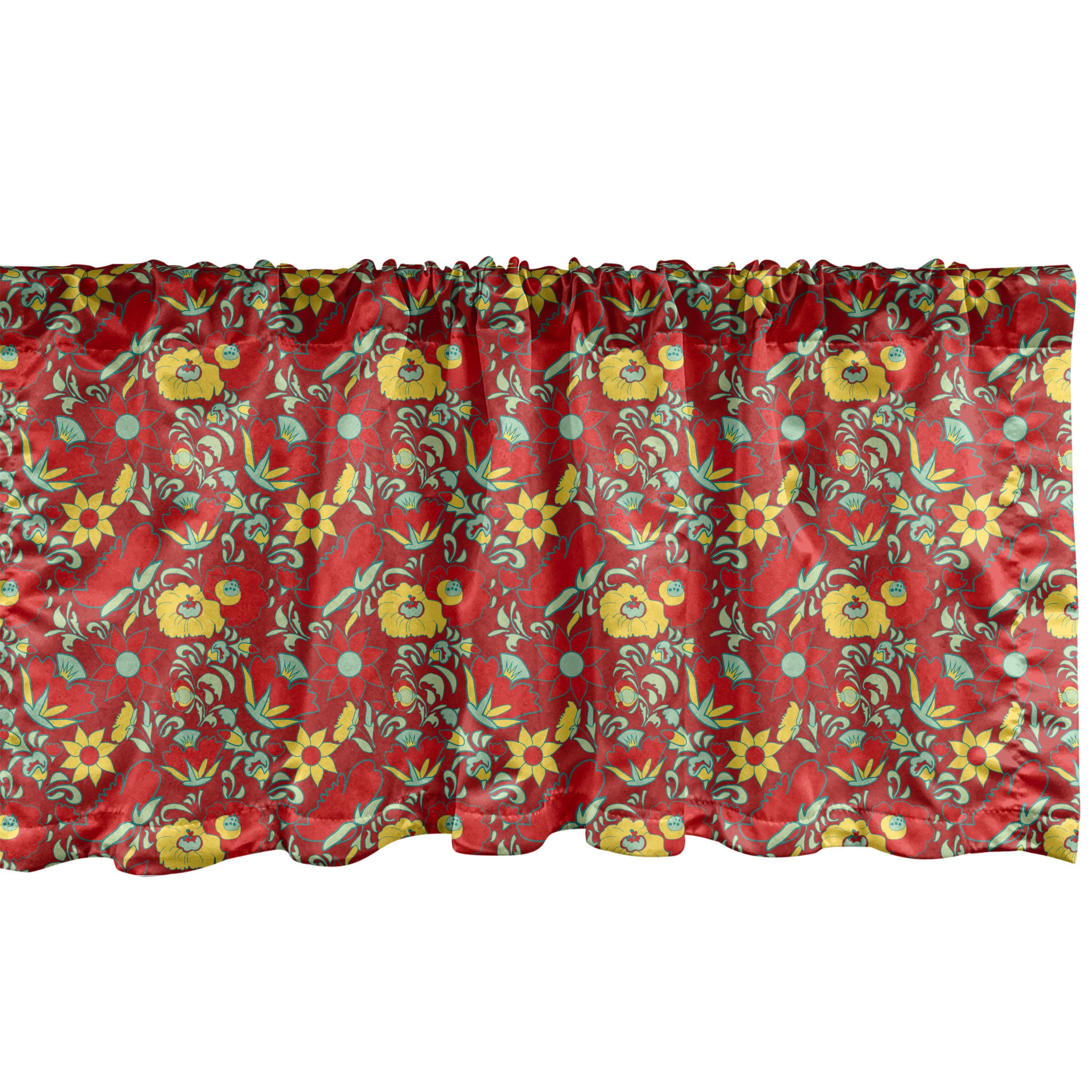 Scheibengardine Vorhang Volant für Küche Schlafzimmer Dekor mit Stangentasche, Abakuhaus, Microfaser, Blumen Volkskunstart Ethnic Petals