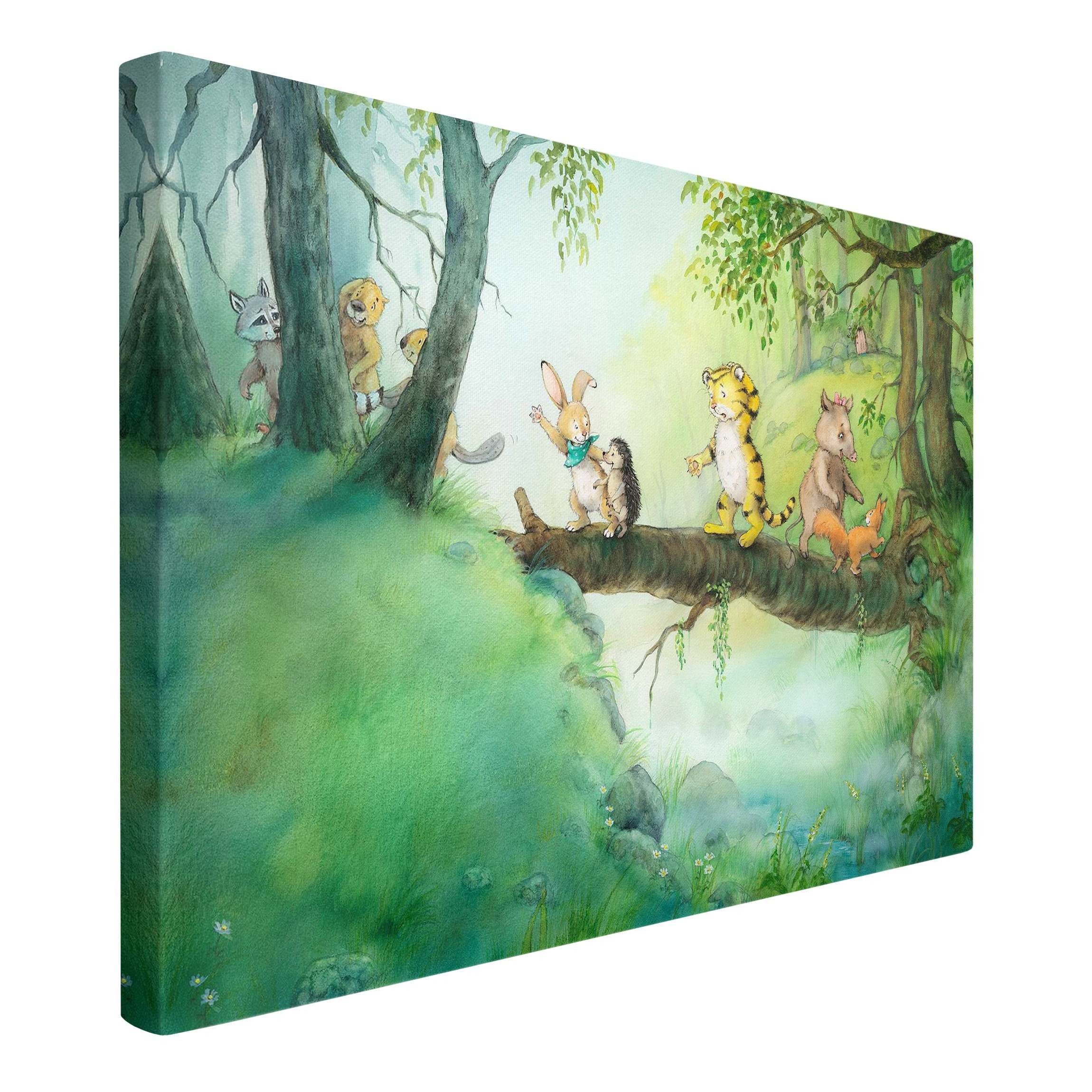 Leinwandbild Waldtiere Hase Aquarell Tiger Baumbrücke bunt Bild auf Leinwand XXL