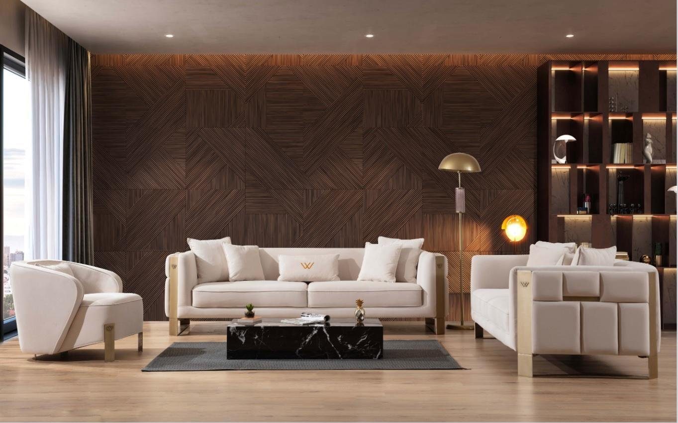 JVmoebel Modern in Holz (3-St., Komplett, Textil Made 2x Sofa 3 Sofa Sitzer Sofagarnitur 3+3+1 Europa Sitzer/Sessel), Wohnzimmer-Set Sessel