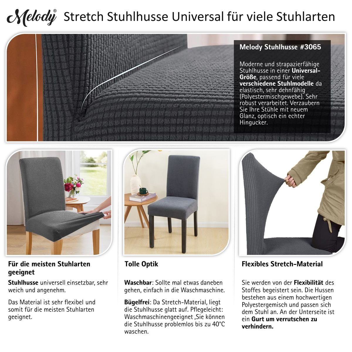 Stuhlhusse Stretch Melody, weich mit Stuhlbezug elastisch Muster, grau Spannbezug, Universal Stuhlüberzug dezentem