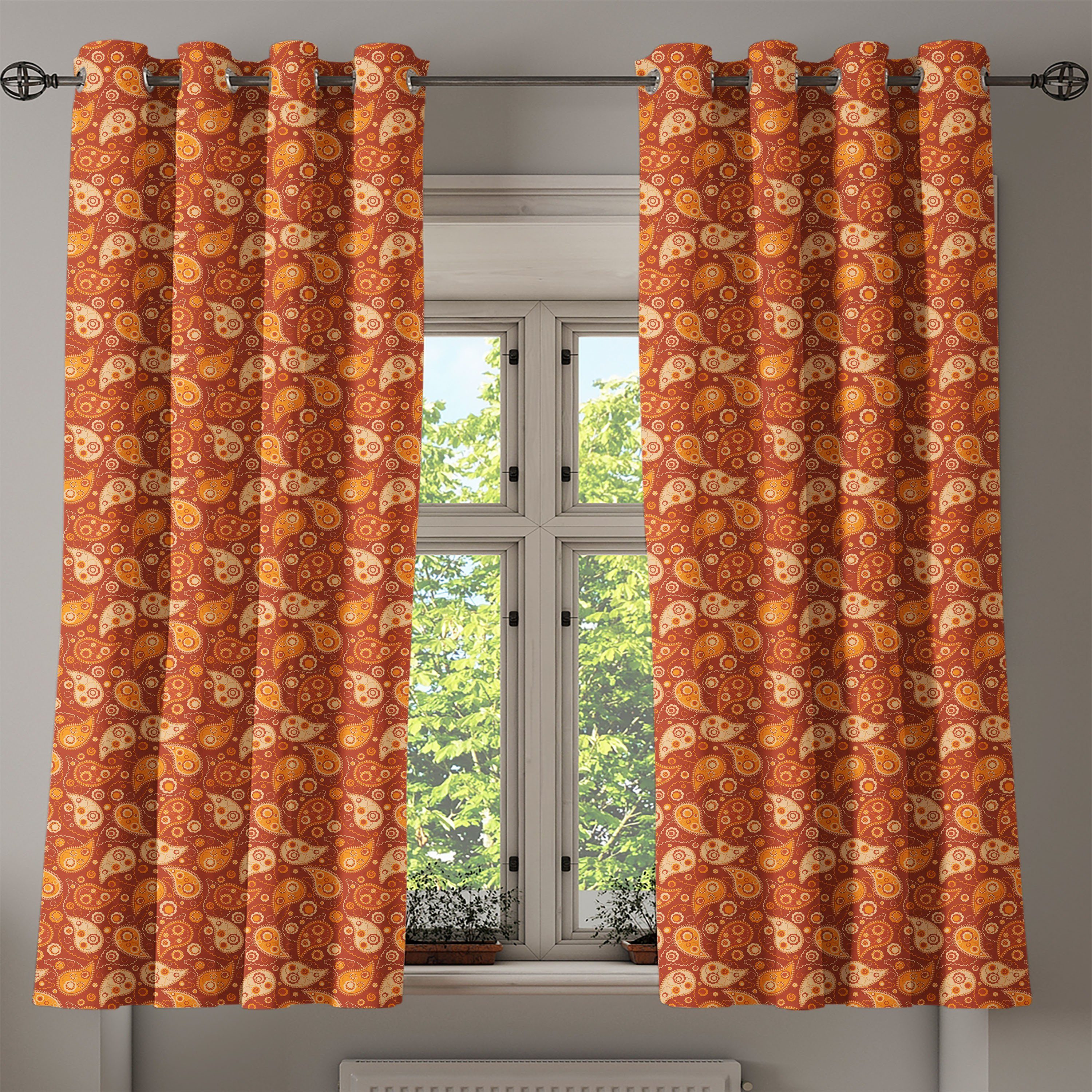 Gardine Dekorative Blumen für Orange Abakuhaus, Wohnzimmer, Retro 2-Panel-Fenstervorhänge Schlafzimmer Paisley