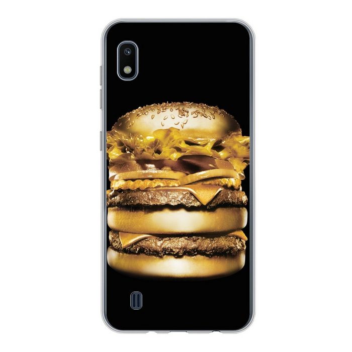 MuchoWow Handyhülle Goldener Hamburger auf schwarzem Hintergrund. Handyhülle Samsung Galaxy A10 Smartphone-Bumper Print Handy