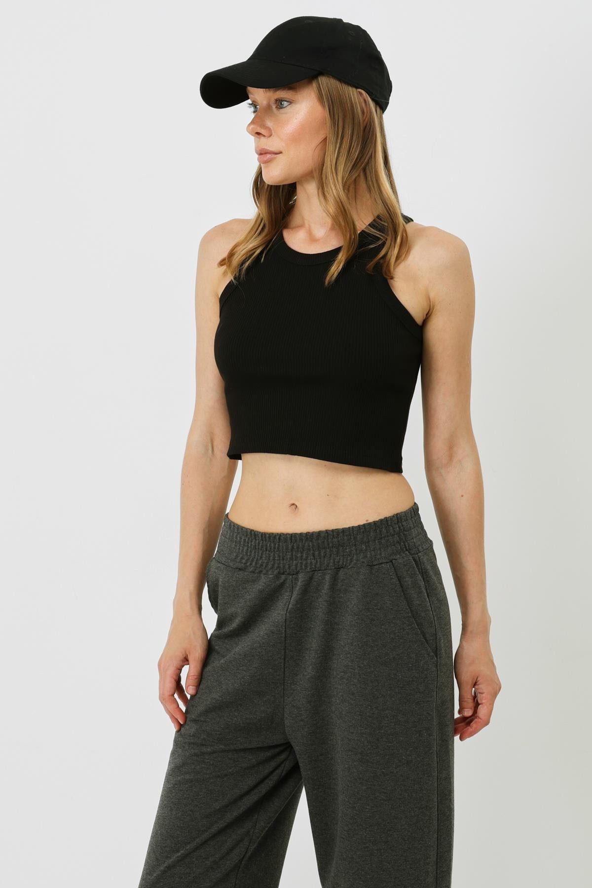 C&CITY Blusenbody Damen Halterneck Ripp Stretch Crop Top