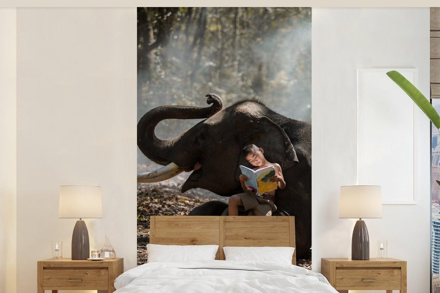MuchoWow Fototapete Elefant - Junge - Buch - Wald - Tiere - Natur, Matt, bedruckt, (2 St), Vliestapete für Wohnzimmer Schlafzimmer Küche, Fototapete