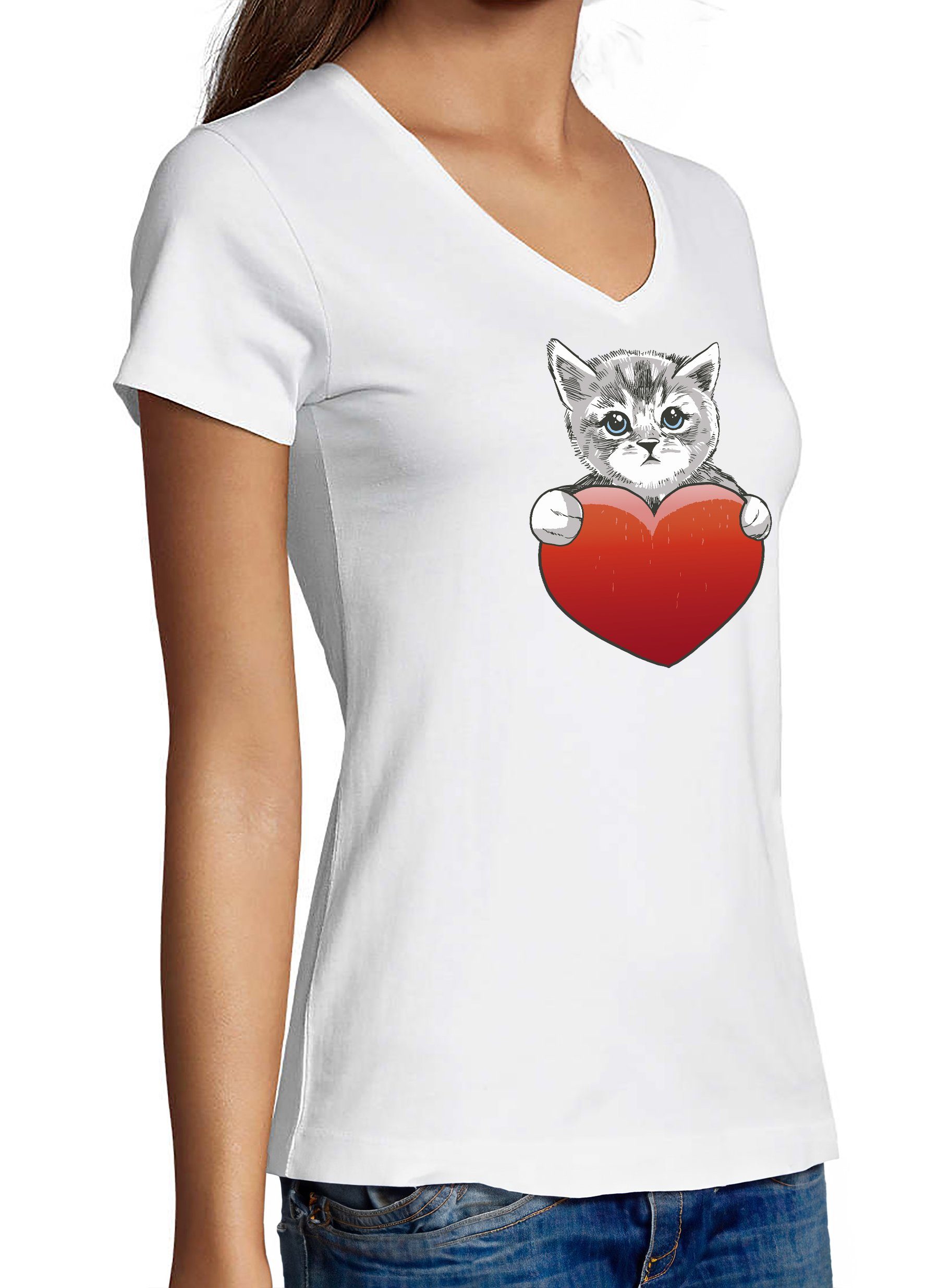 Katzen weiss mit Damen i120 mit Aufdruck, T-Shirt Shirt Baumwollshirt Katze Print Herz Slim MyDesign24 - rotem bedruckt Fit,