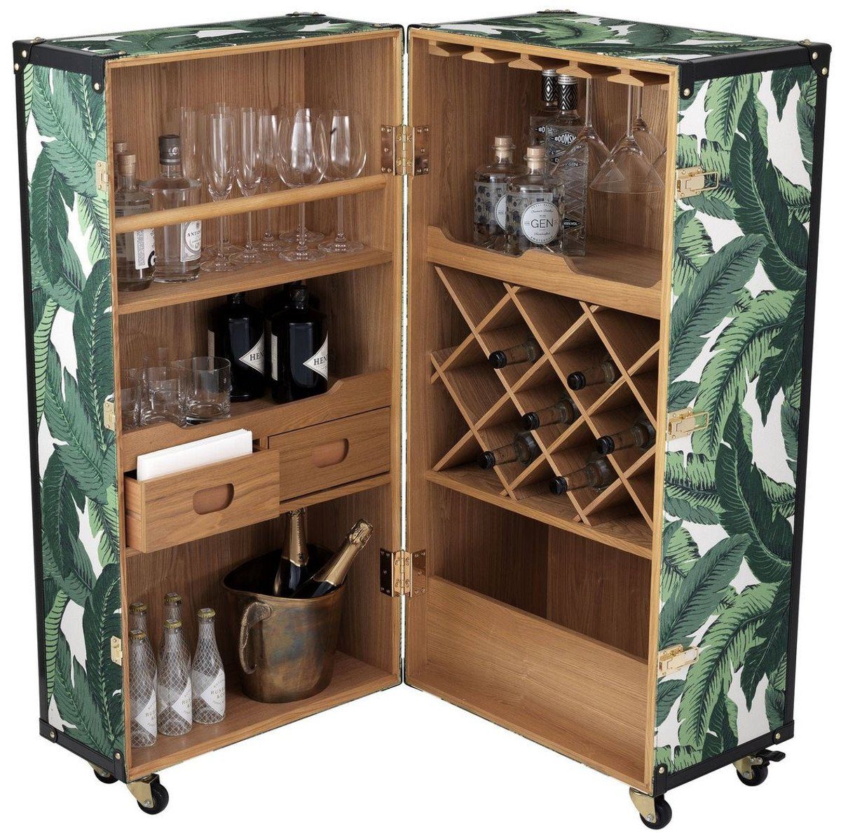 Weinschrank Luxus Weinschrank mit Rollen Grün / Weiß / Schwarz / Gold 58 x 58 x H. 122 cm - Cocktailschrank - Kofferschrank im Retro Look - Barschrank im Vintage Koffer Design