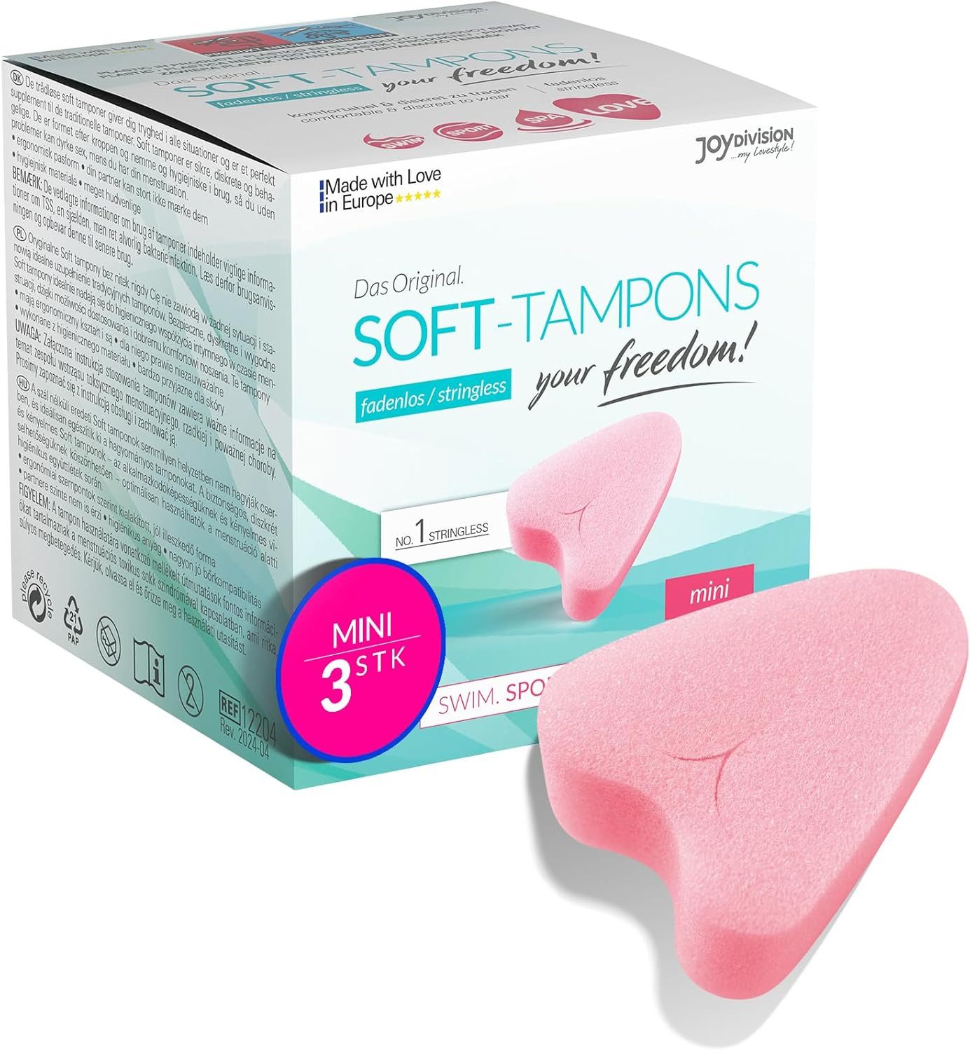 JOYDIVISION Tampons das Original, Soft Tampons, Fadenlose Freiheit, Mini Gr., 3-St., ohne Rückholfaden für Alltag, Sport und Spa