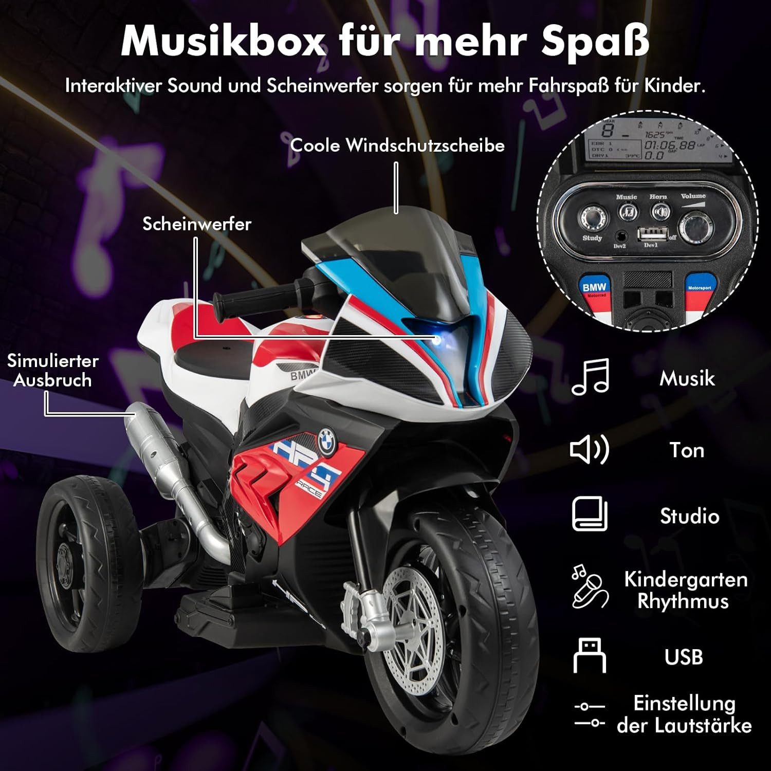 KOMFOTTEU Elektro-Kindermotorrad mit Musik & Scheinwerfer, für 3-8 Jahren, 3 km/h, bis 30 kg