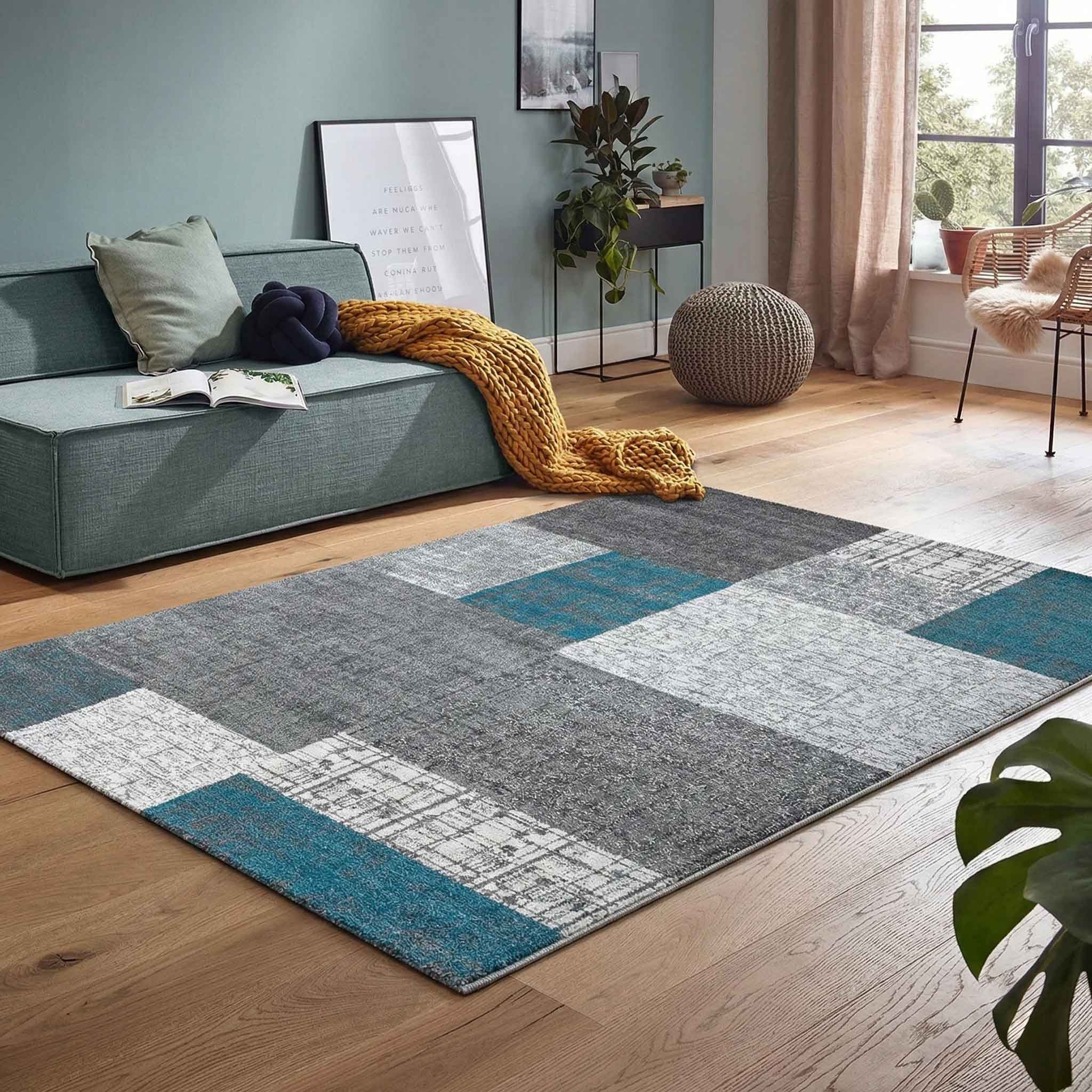 Vimoda Teppich Wohnzimmer Klassisch Karo- kariert Design, Rechteckig, Höhe: 5 mm, Läufer Kachel Optik in Türkis Grau Gelb & Lila Teppich Schlafzimmer