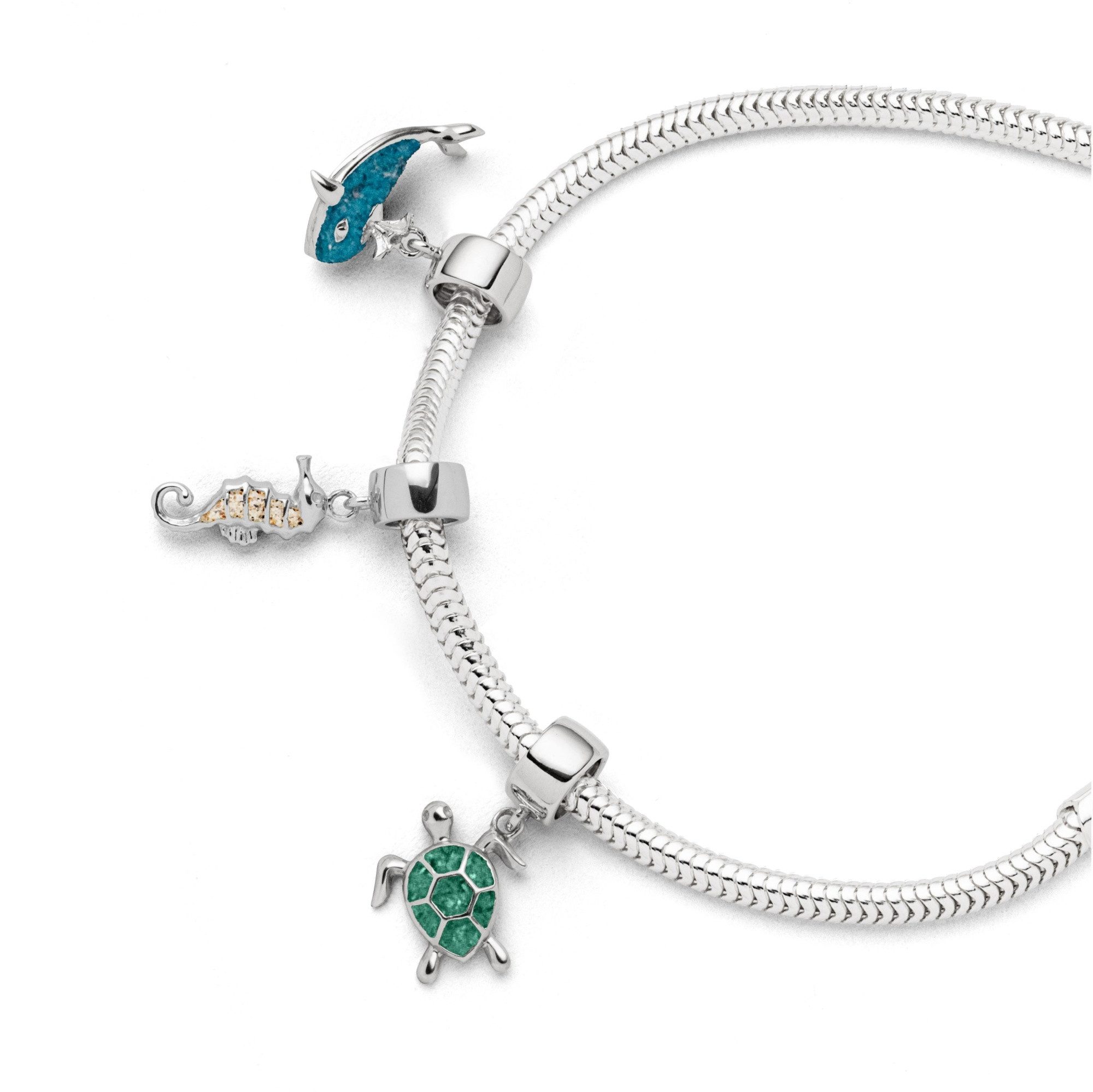 DUR Bead Charm F278 – Bead-Anhänger „Seepferd“ mit Strandsand, 925er Silber, 6,5×13 mm, mit Öse