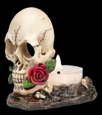 Figuren Shop GmbH Teelichthalter Teelichthalter - Totenkopf mit Rosen - Gothic Dekoration Kerzenhalter