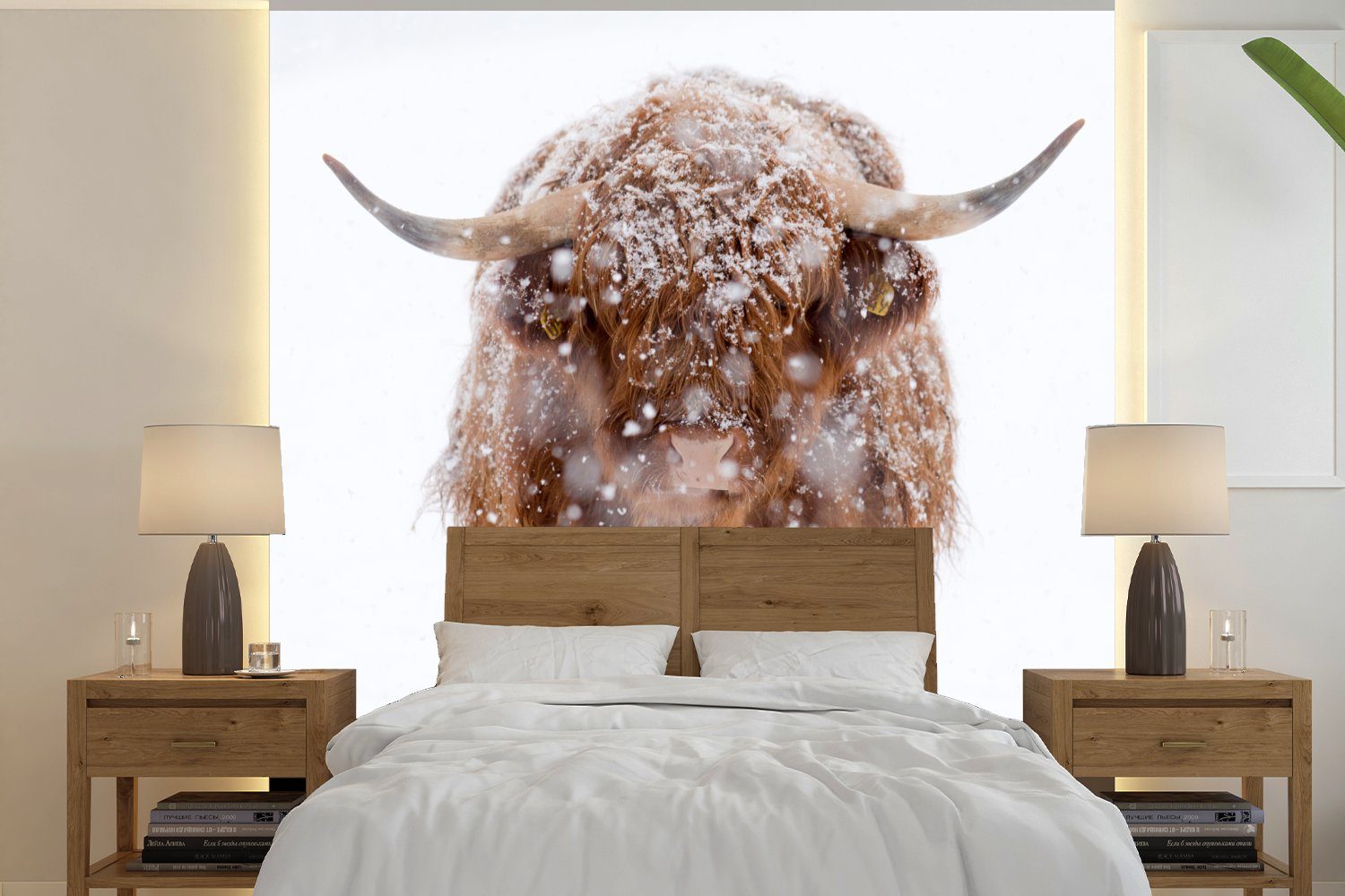 MuchoWow Fototapete Schottischer Highlander - Kuh - Schnee, Matt, bedruckt, (4 St), Vliestapete für Wohnzimmer Schlafzimmer Küche, Fototapete