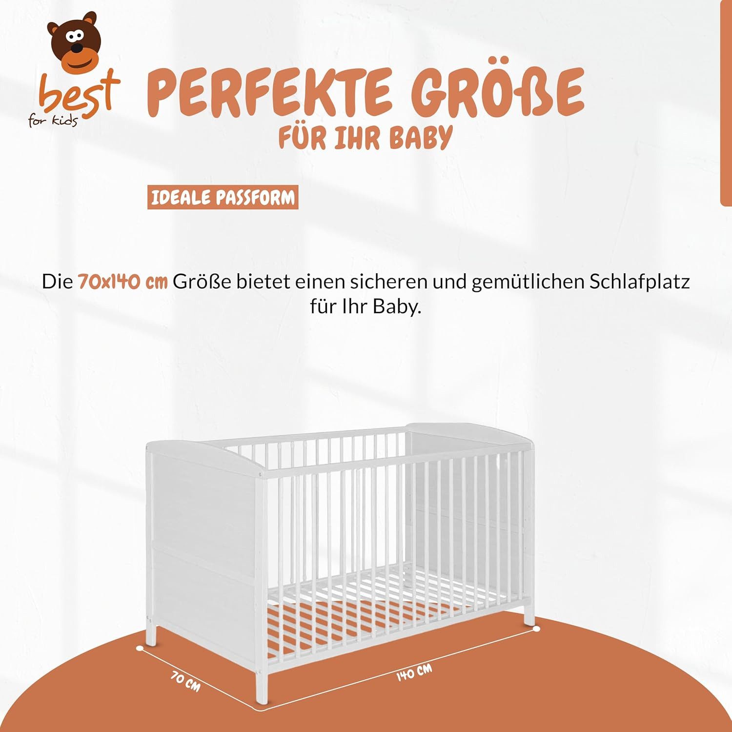 Best for Kids Kinderbett Babybett aus massiver Buche – 3-fach höhenverstellbar, mit Lattenrost