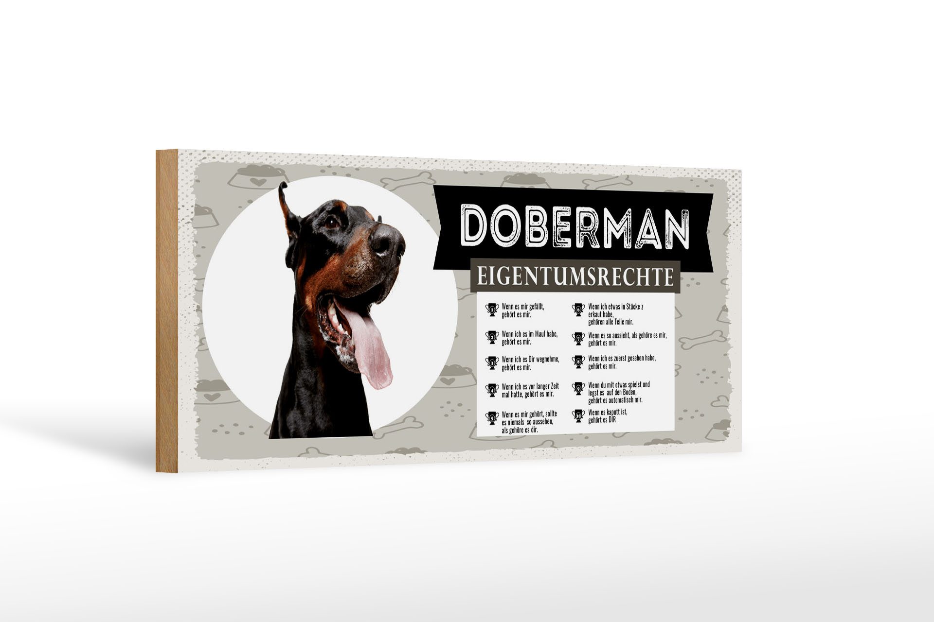 Femer GmbH Holzbild Hund 27x10 cm Dobermann Eigentumsrechte, (1 St), Glatte Holzfaserplatte (MDF), vorn beschichtet