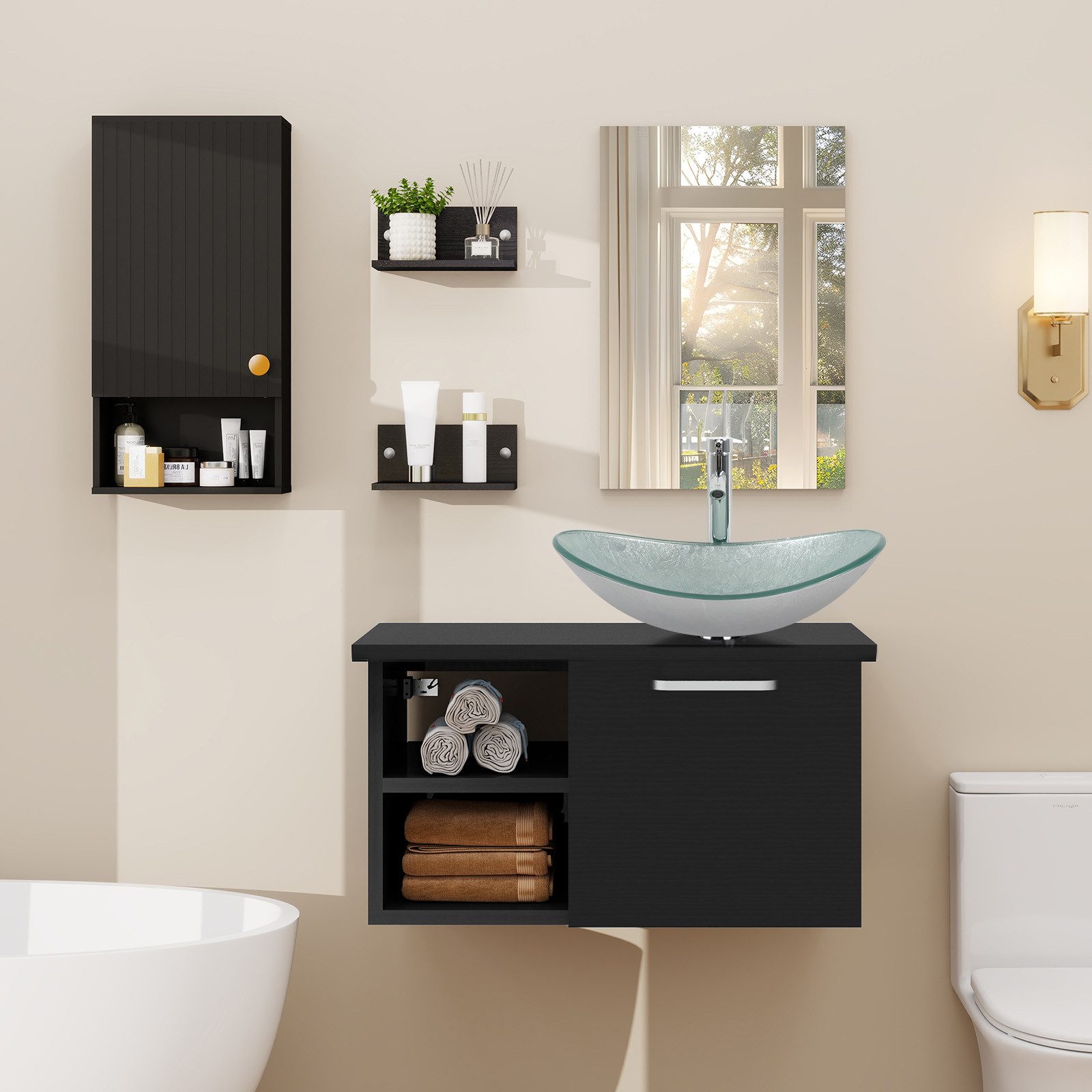 Puluomis Hängeschrank Wandschrank mit Höhenverstellbaren Regalen Bad Küche (Set, Wandschrank/Wandschrank, Schrank mit Spiegel&2 Regale, Waschbecken Set) Wasserdicht & Leicht zu Reinigen, 48x66cm