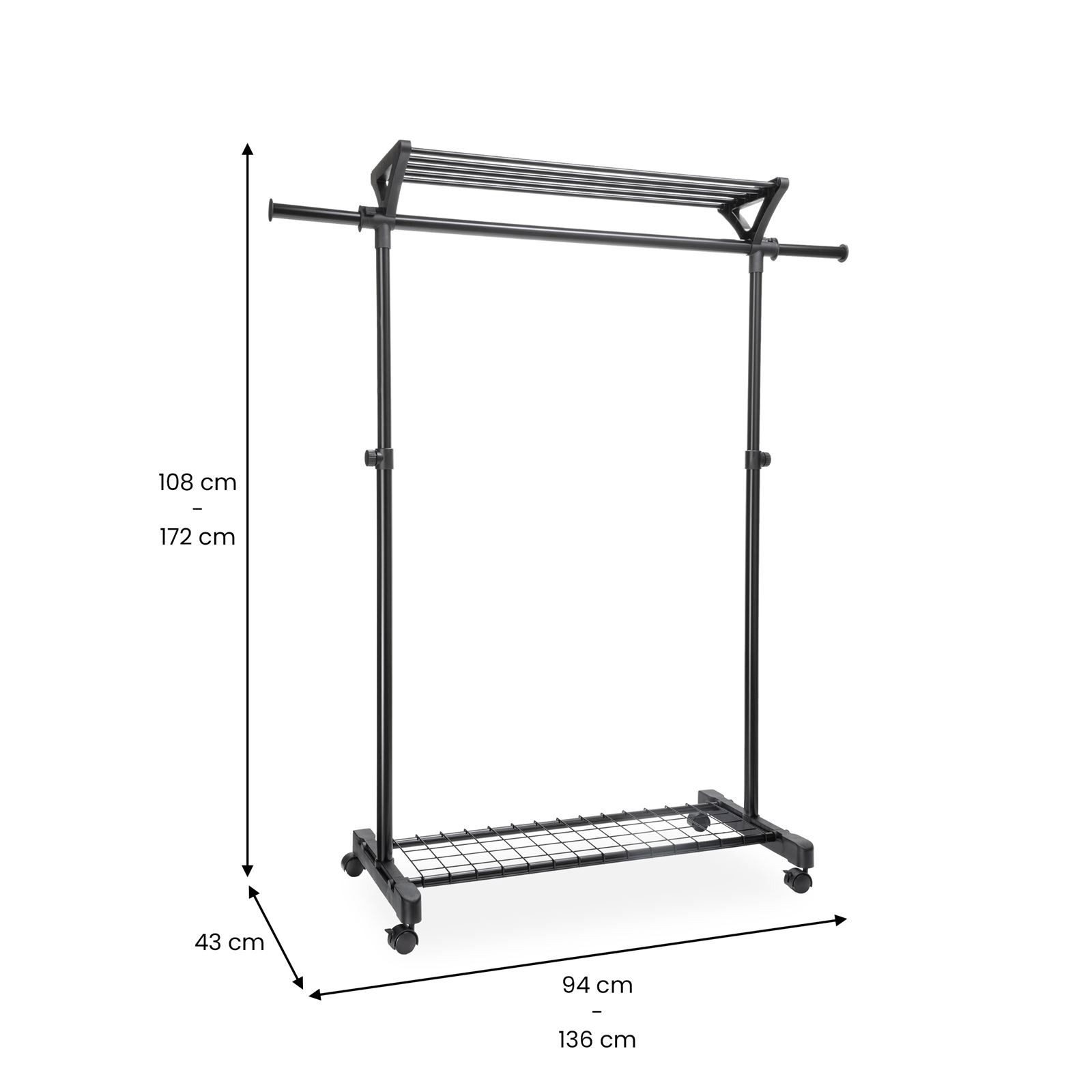 IDIMEX Garderobenständer VIDA, Kleiderständer mit Rollen und Schuhablage, mobile Garderobe schwarz