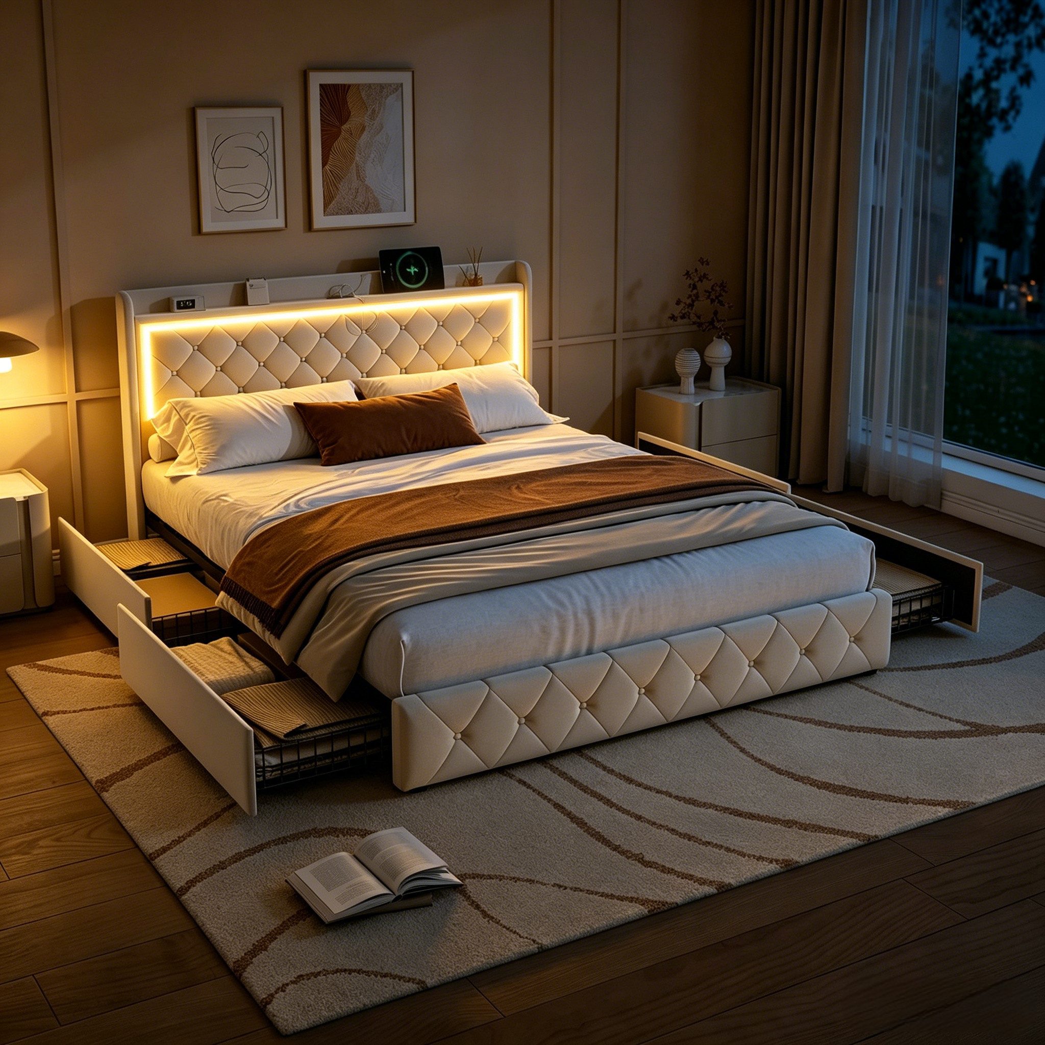 Simurq Stauraumbett Polsterbett 140x200/190cm, Doppelbett mit 4 Schubladen,LED mit USB (2 USB-Ports und 1 Typ-C-Anschluss, Jugendbett mit Bettkasten und Lattenrost,Staufach-Kopfteil, Samtstoff)