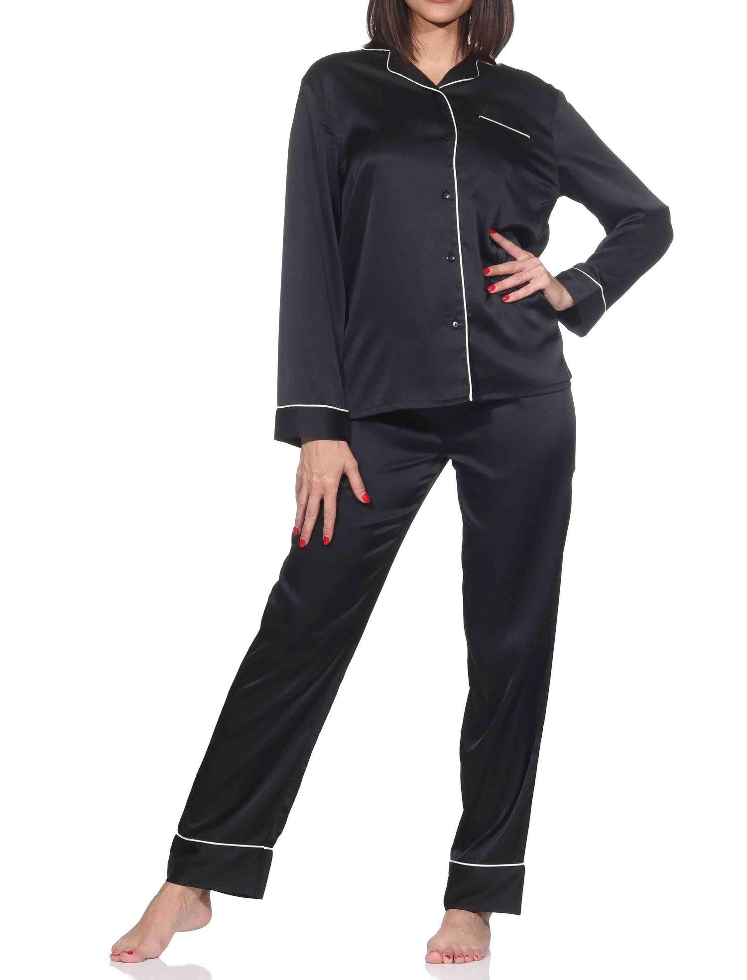 Normann Pyjama Normann Satin Damen Schlafanzug langarm Pyjama mit Knopfleiste