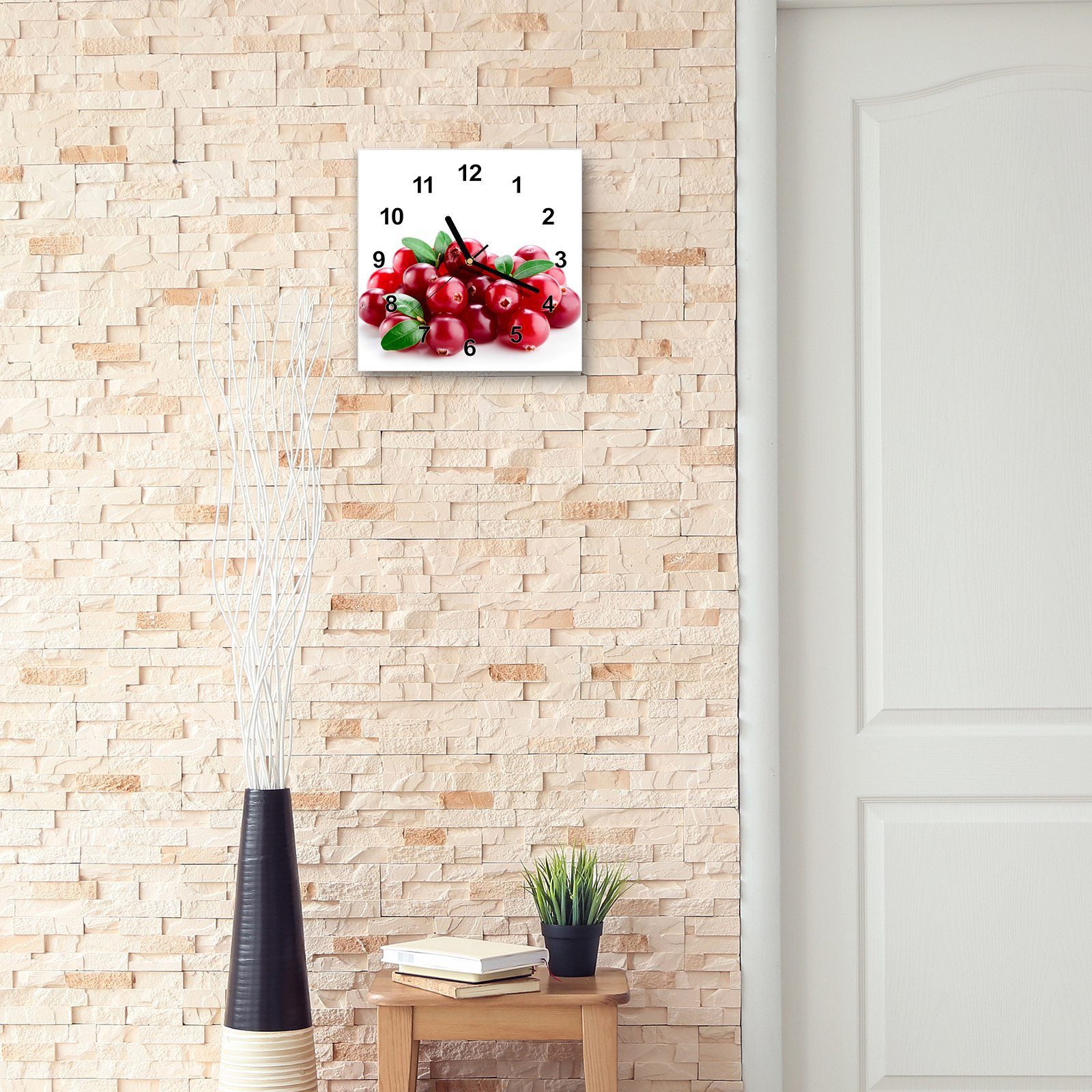 Primedeco Wanduhr Glasuhr Wandkunst x Wanduhr Motiv mit Größe mit 30 30 Blättern Cranberry cm