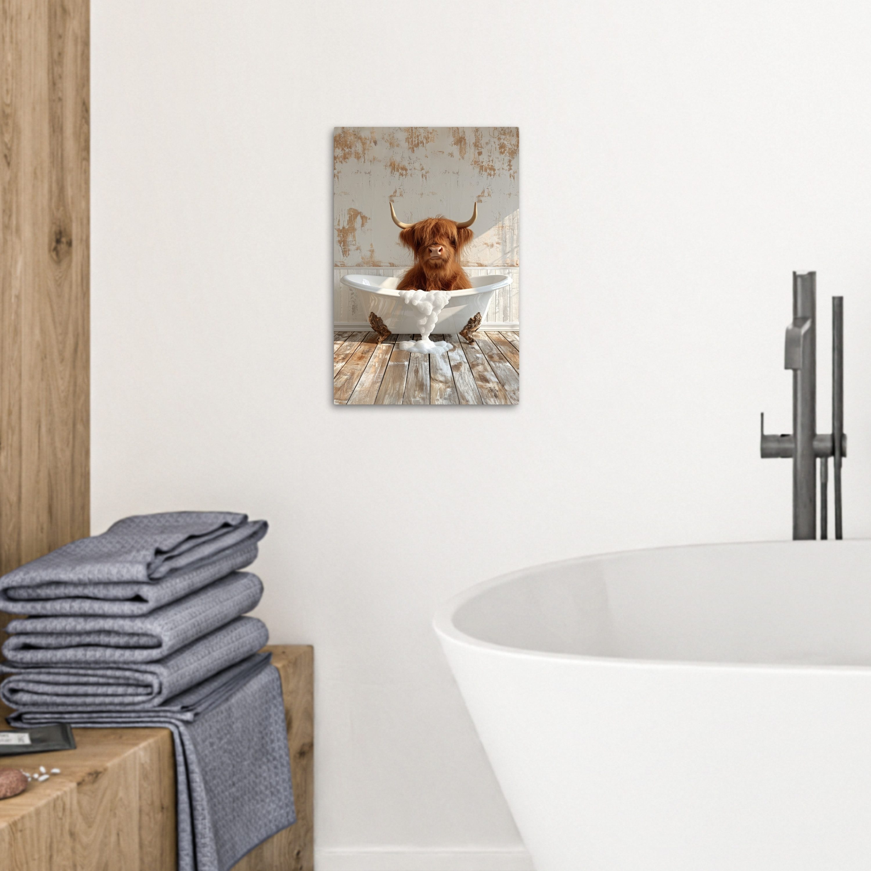 OneMillionCanvasses® Leinwandbild Schottischer Highlander - Badewanne - Vintage - Kuh, Fotodruck (1 St), Badezimmer Deko, Bilder WC, Toilette Wanddeko 20x30 cm