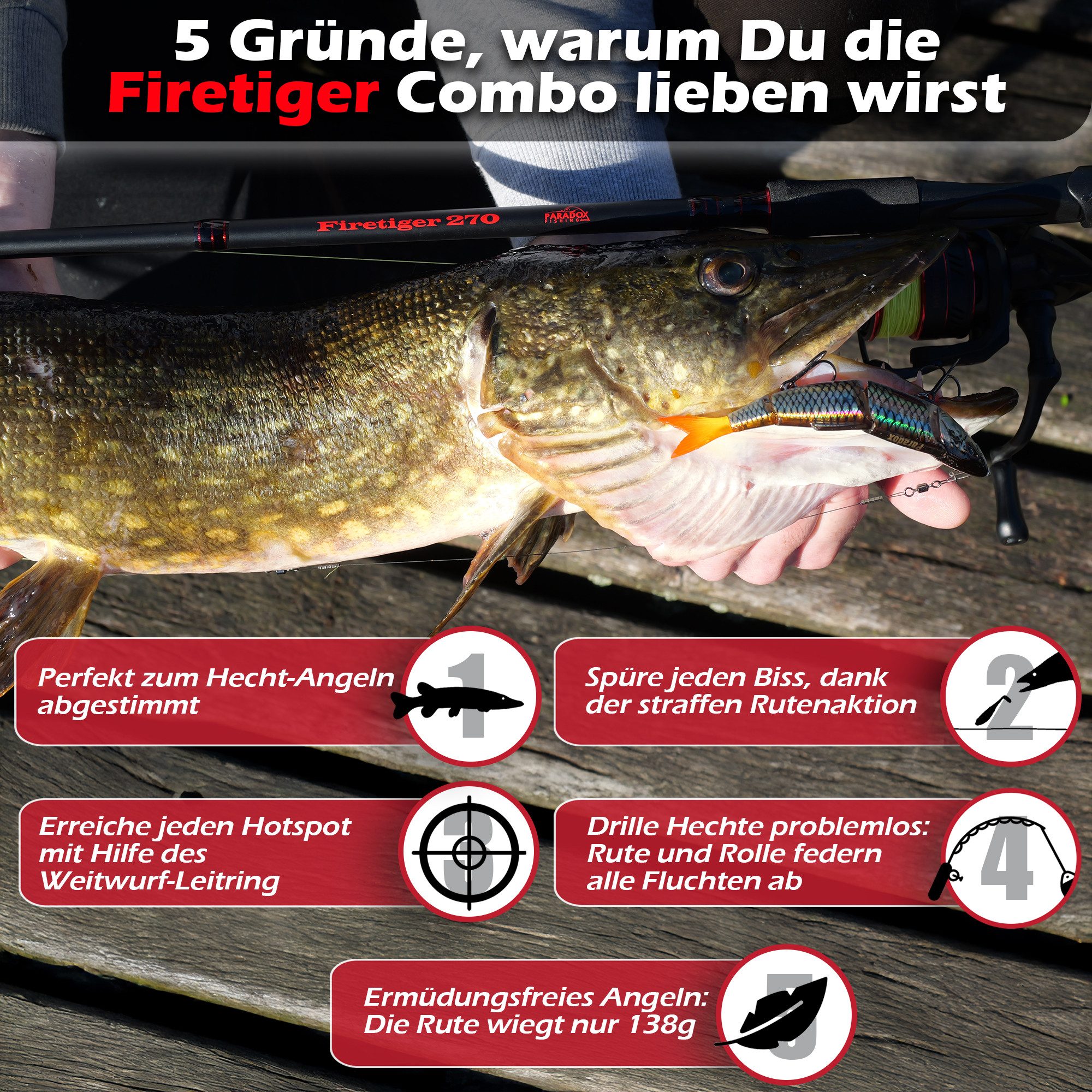 Paradox Fishing Spinnrute Firetiger, (Firetiger Spinnrute + Infinity Rolle), 2,1m/2,4m/2,7m, 5-20g/15-35g/20-60g – Bild 2 von 5