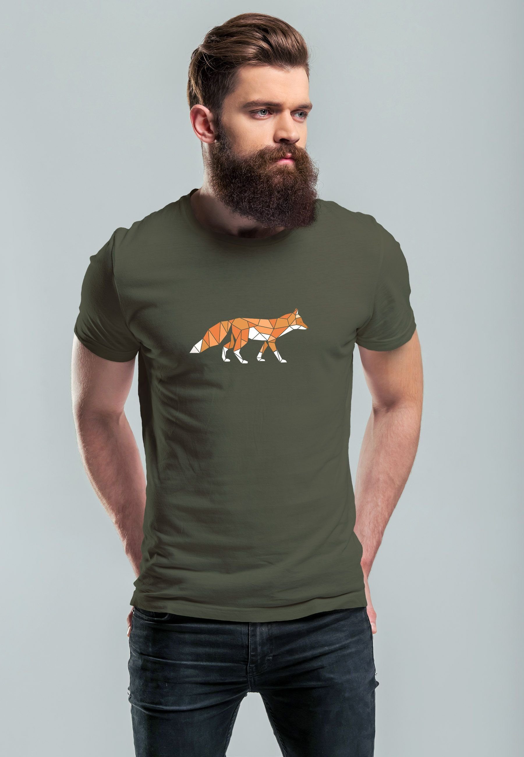 Outdoor Neverless Aufdruck Log Print-Shirt mit army Print T-Shirt Geometrie Kunstdruck Fuchs Herren Polygon