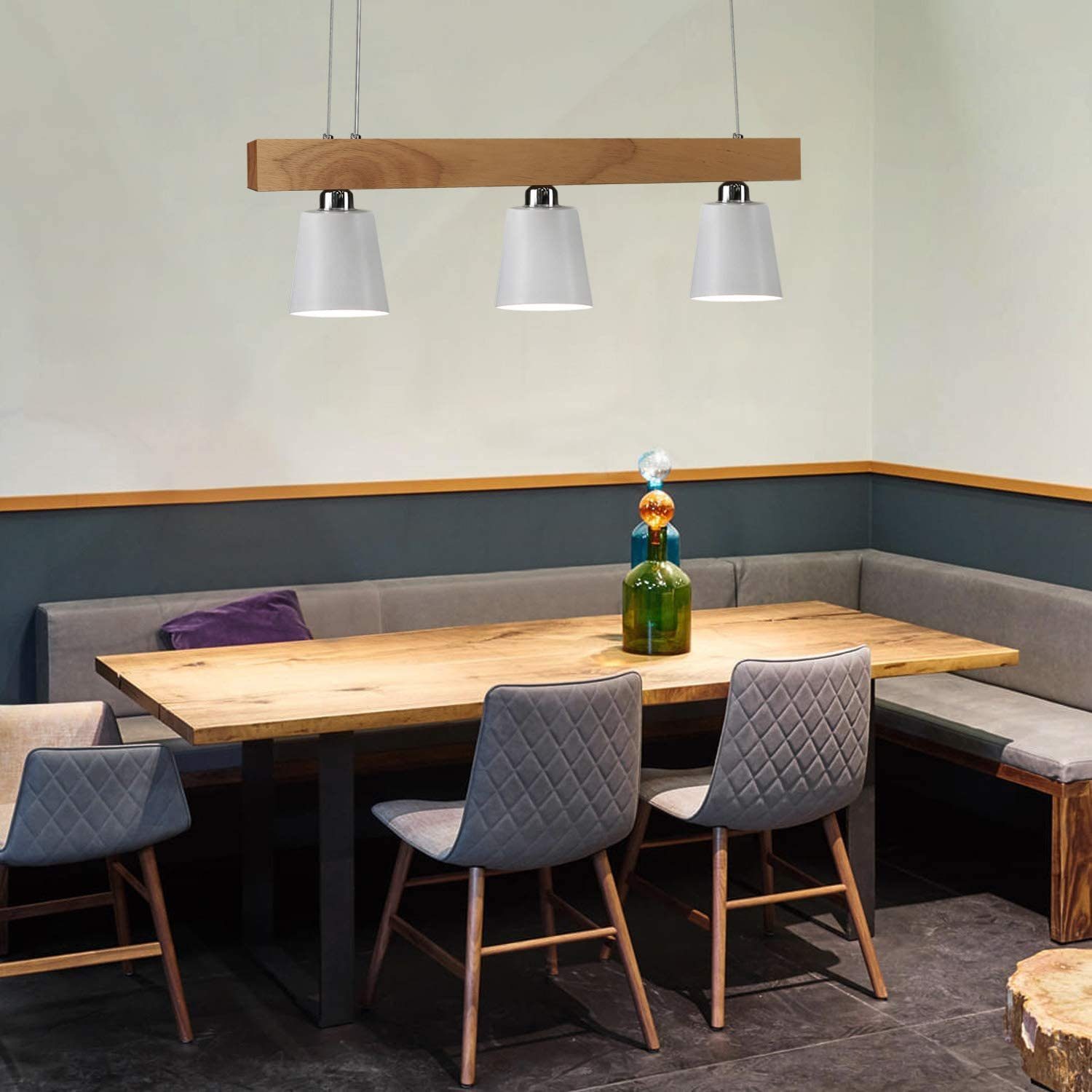 ZMH Pendelleuchte Esstisch Holz 3/ 5Flammig Warmweiß Höhenverstellbar, LED wechselbar, 70x14x23CM