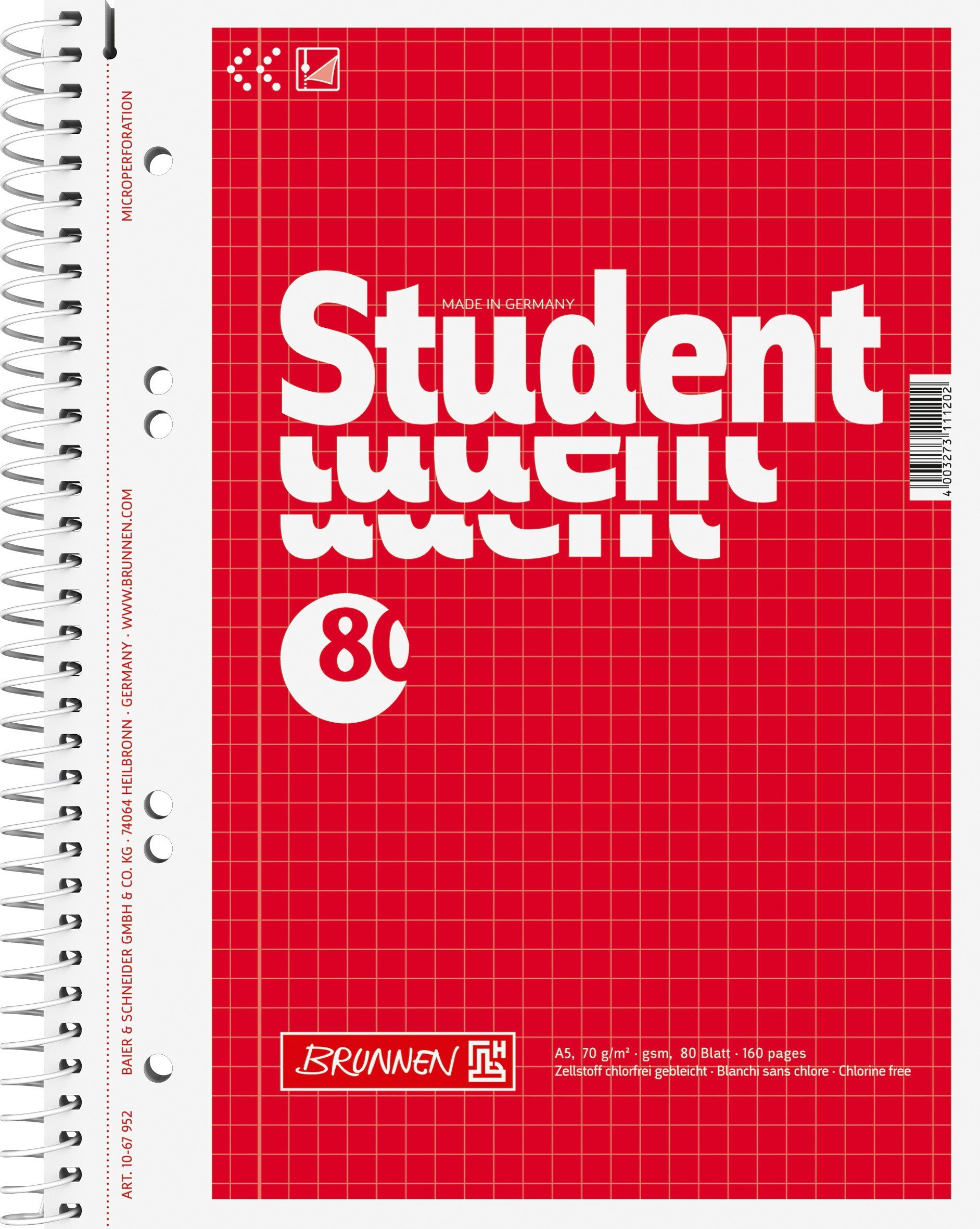 BRUNNEN Notizblock BRUNNEN 1067952 Collegeblock Student A5 5 mm kariert Deckblatt: rot