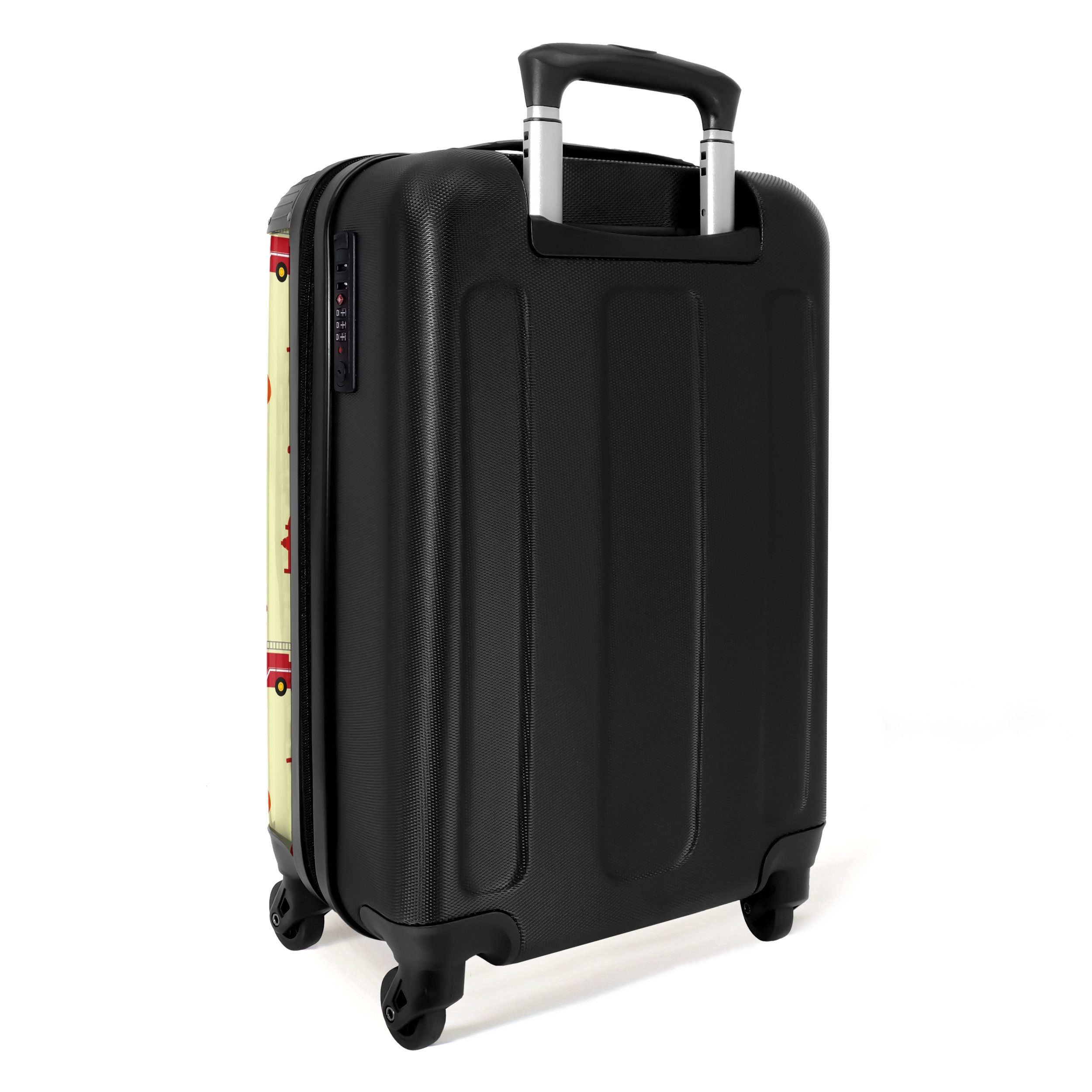 NoBoringSuitcases.com© Kinderkoffer Feuerwehraufstellung mit Fahrzeugen und Flammen 55x35x20cm, 4 Rollen, Kinder Koffer Klein, Trolley Handgepäck, Reisekoffer