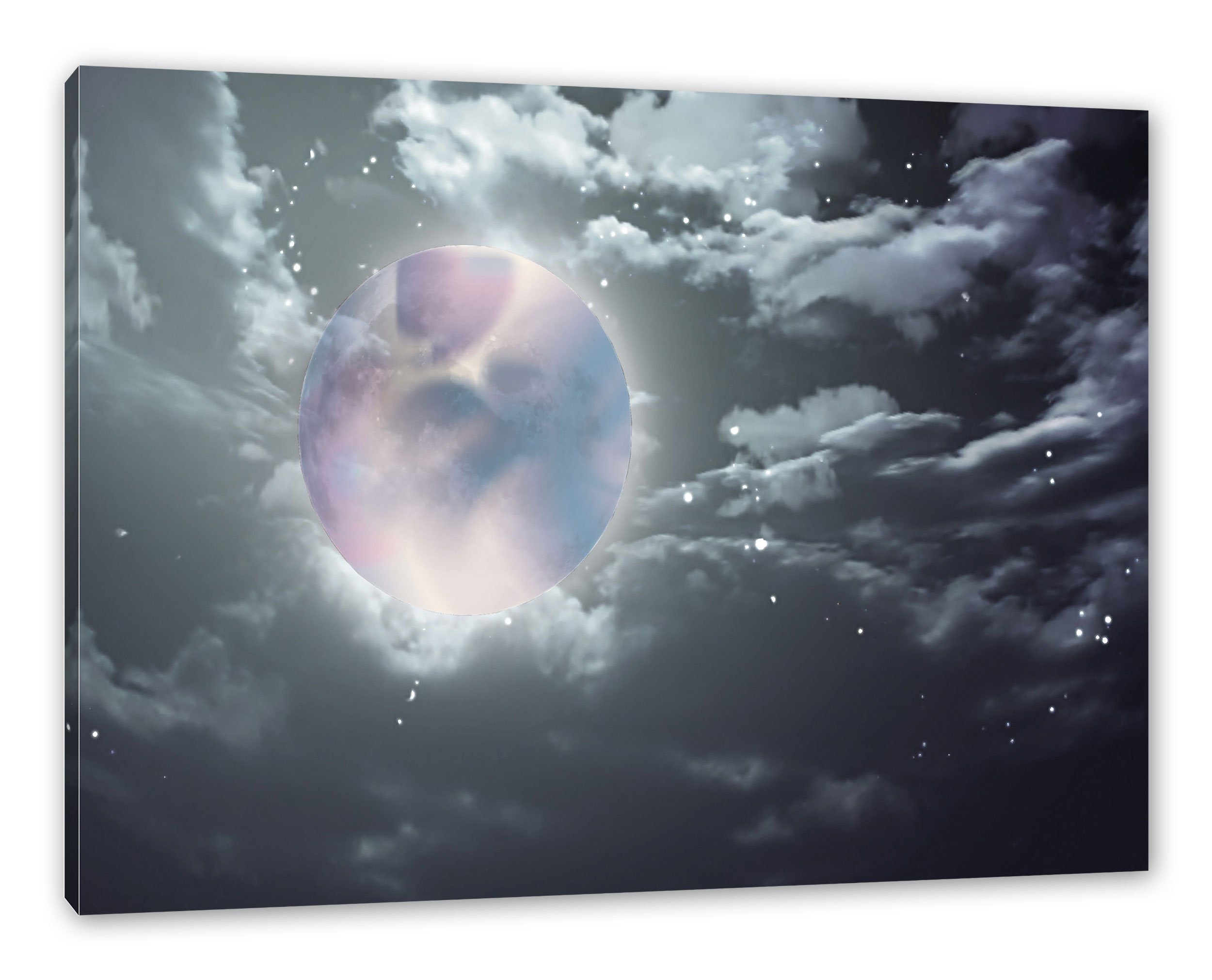 Pixxprint Leinwandbild Vollmond Sterne Wolken, Vollmond Sterne Wolken (1 St), Leinwandbild fertig bespannt, inkl. Zackenaufhänger